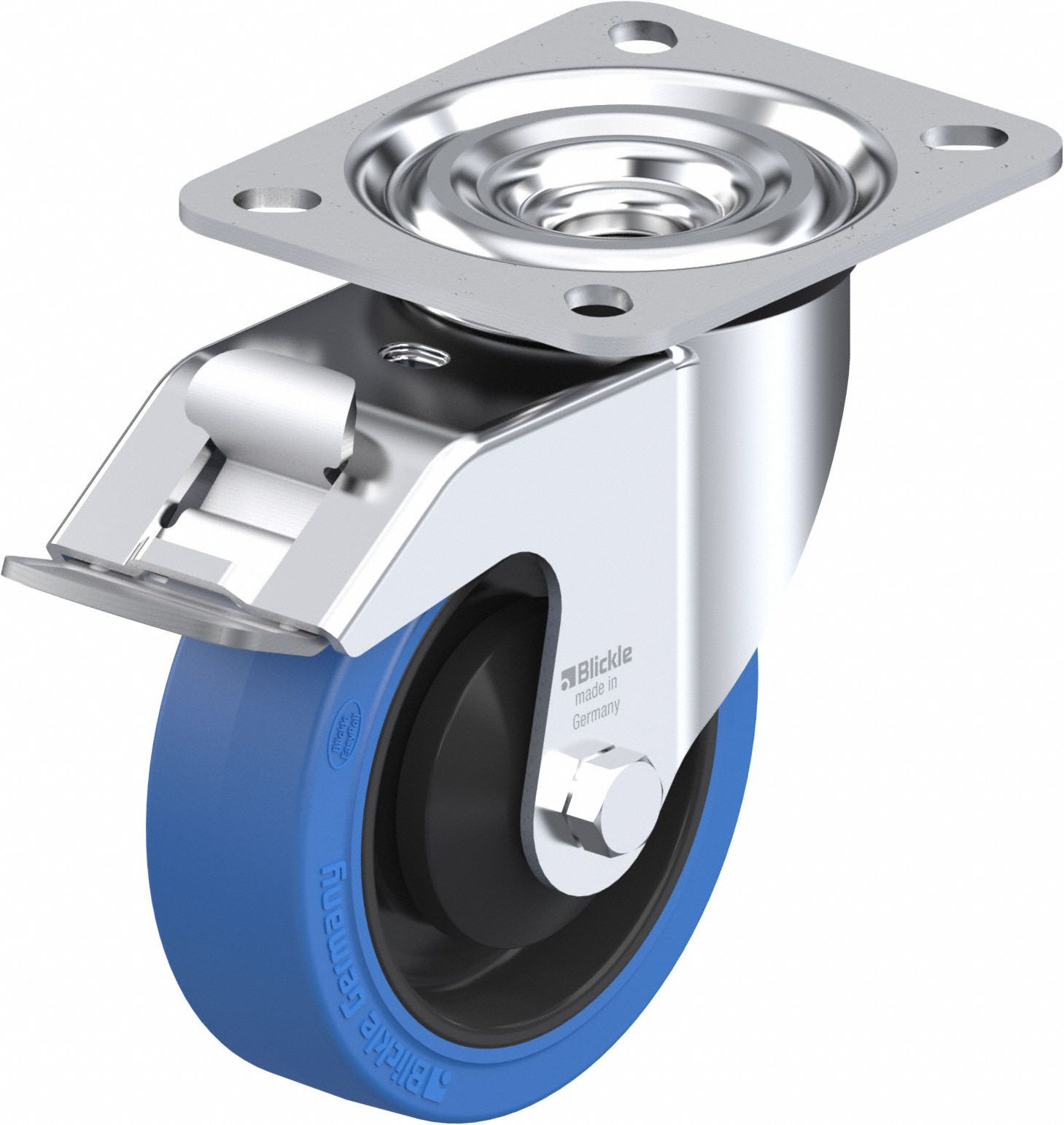 Plate Caster: Swivel, Total Lock, Rubber, 102 mm Wheel Dia, 32 mm Wheel Wd, Slot