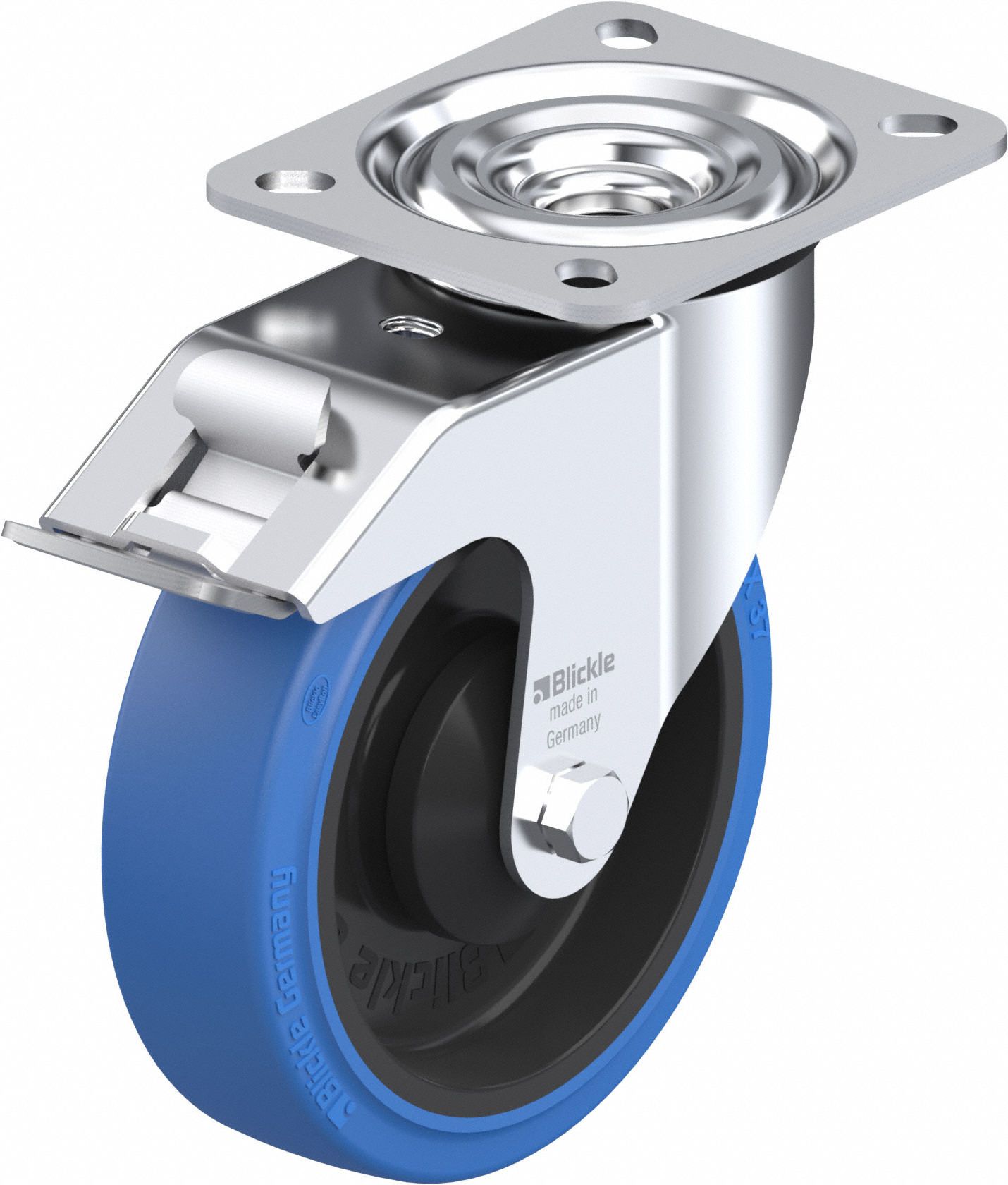 Plate Caster: Swivel, Total Lock, Rubber, 127 mm Wheel Dia, 37 mm Wheel Wd, Slot