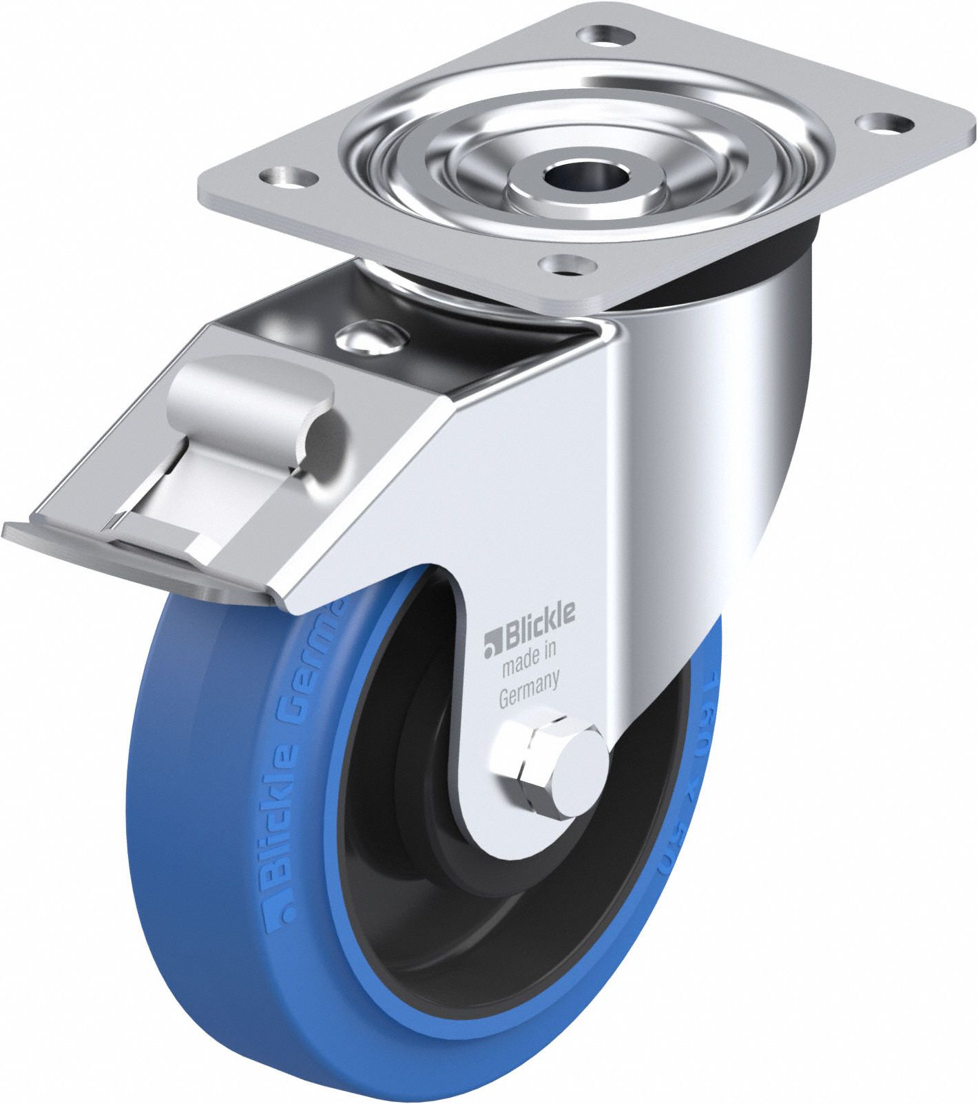 Plate Caster: Swivel, Total Lock, Rubber, 6 5/16 in Wheel Dia, 2 in Wheel Wd, Slot