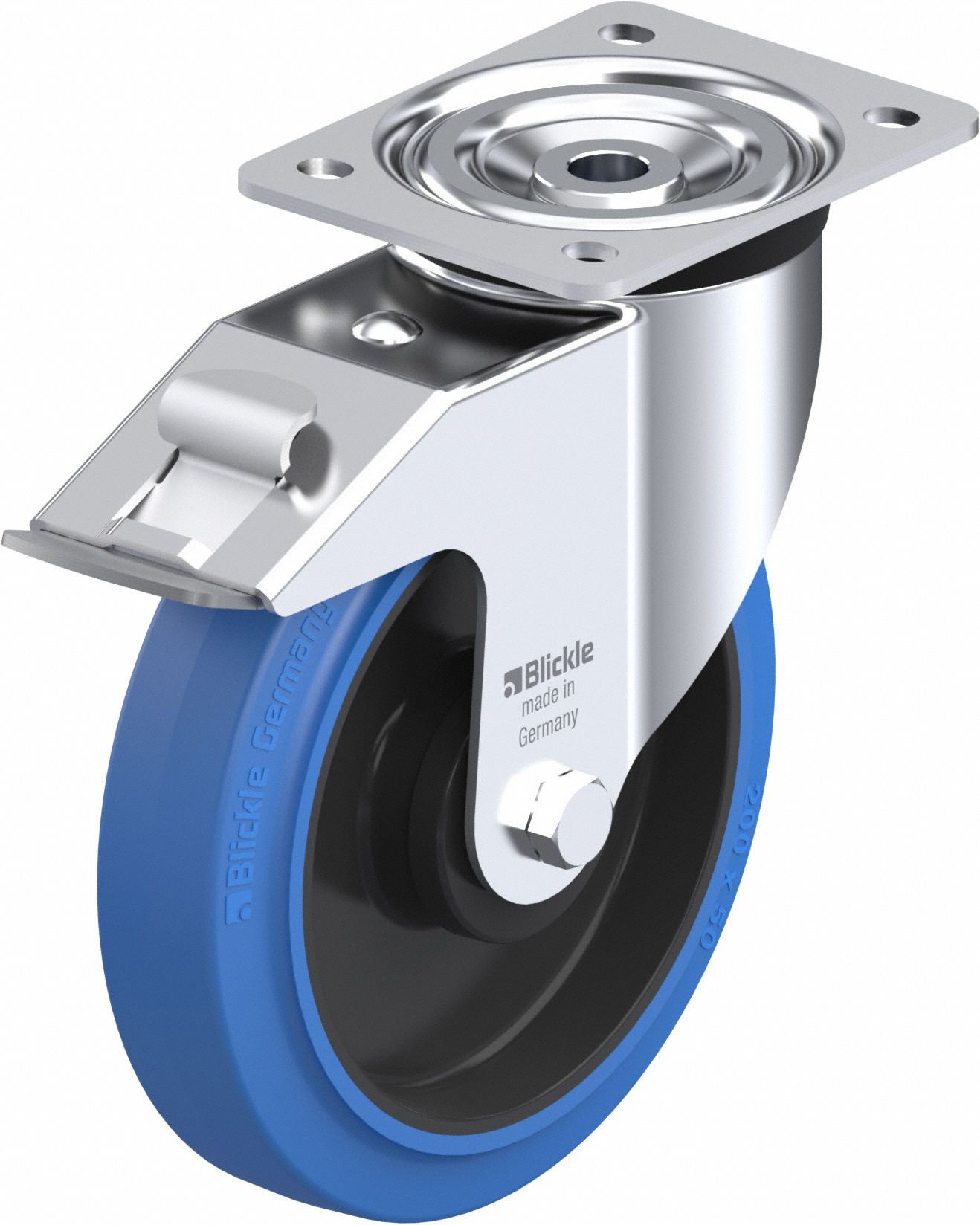 Plate Caster: Swivel, Total Lock, Rubber, 8 in Wheel Dia, 2 in Wheel Wd, Slot, Ball