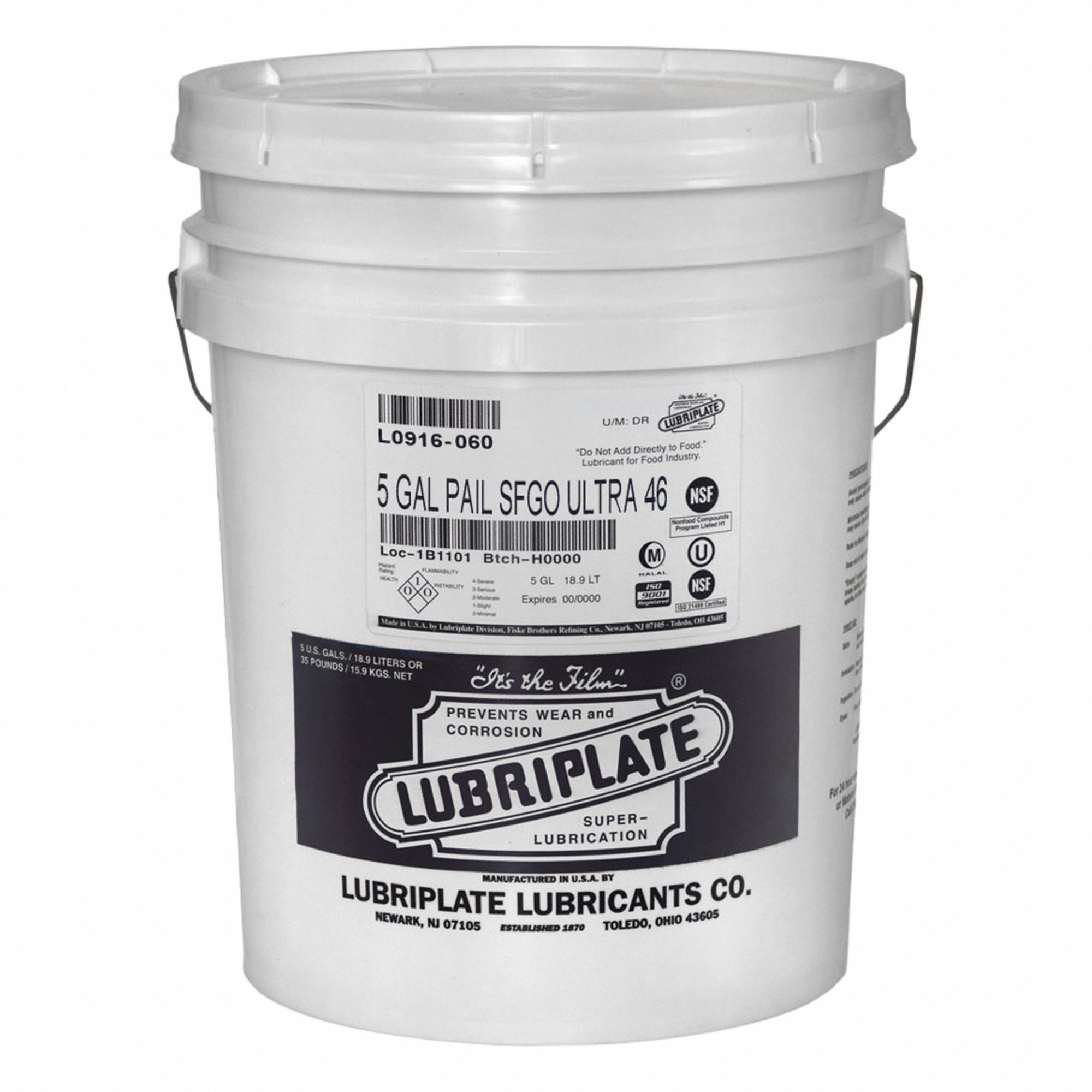 Compressor Oil: 5 gal, Pail, 20 SAE Grade, 46 ISO Viscosity Grade, 134 Viscosity Index