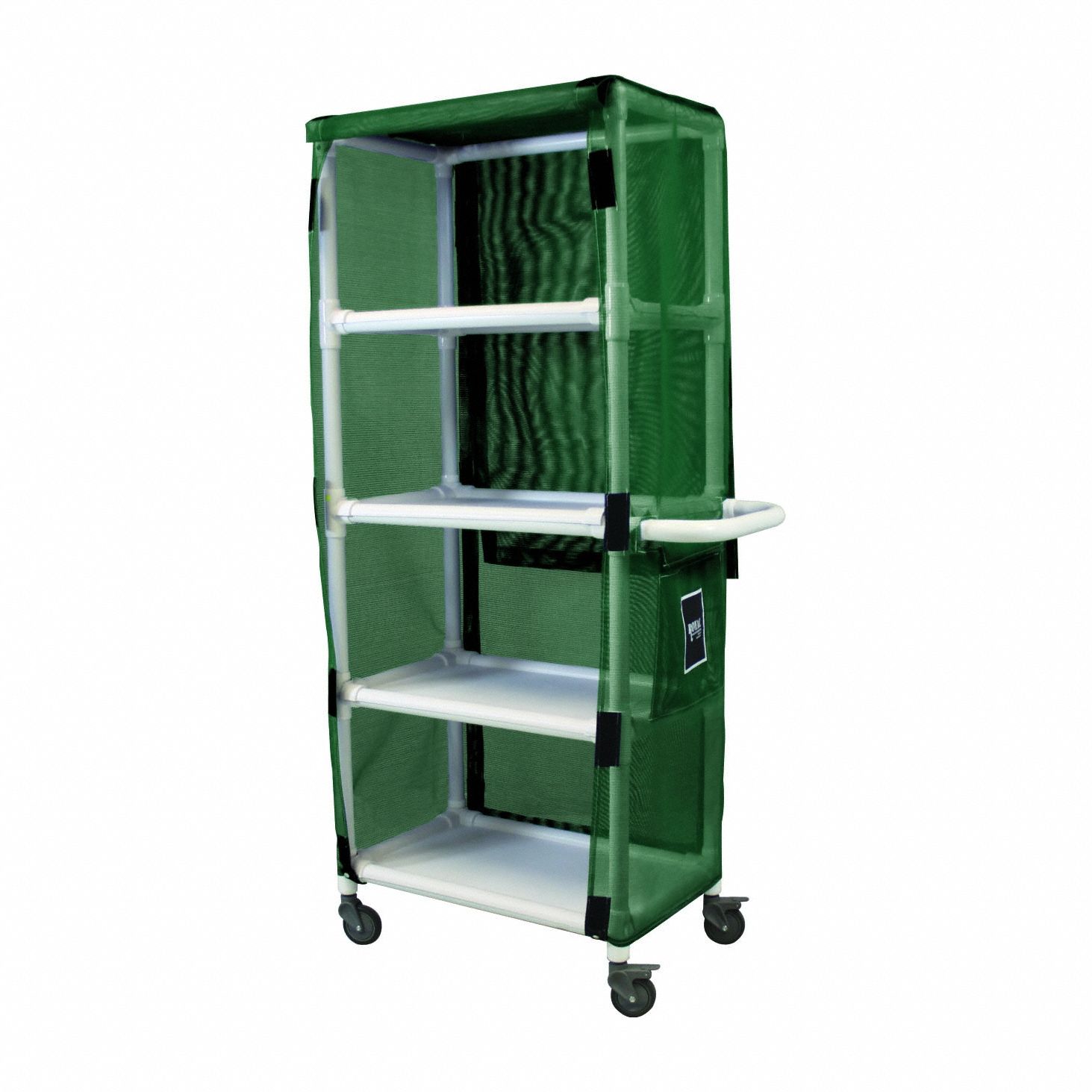 Linen Cart: Green, (4) Swivel, 42 in Overall Lg, 79 in Overall Ht, 4 Shelves