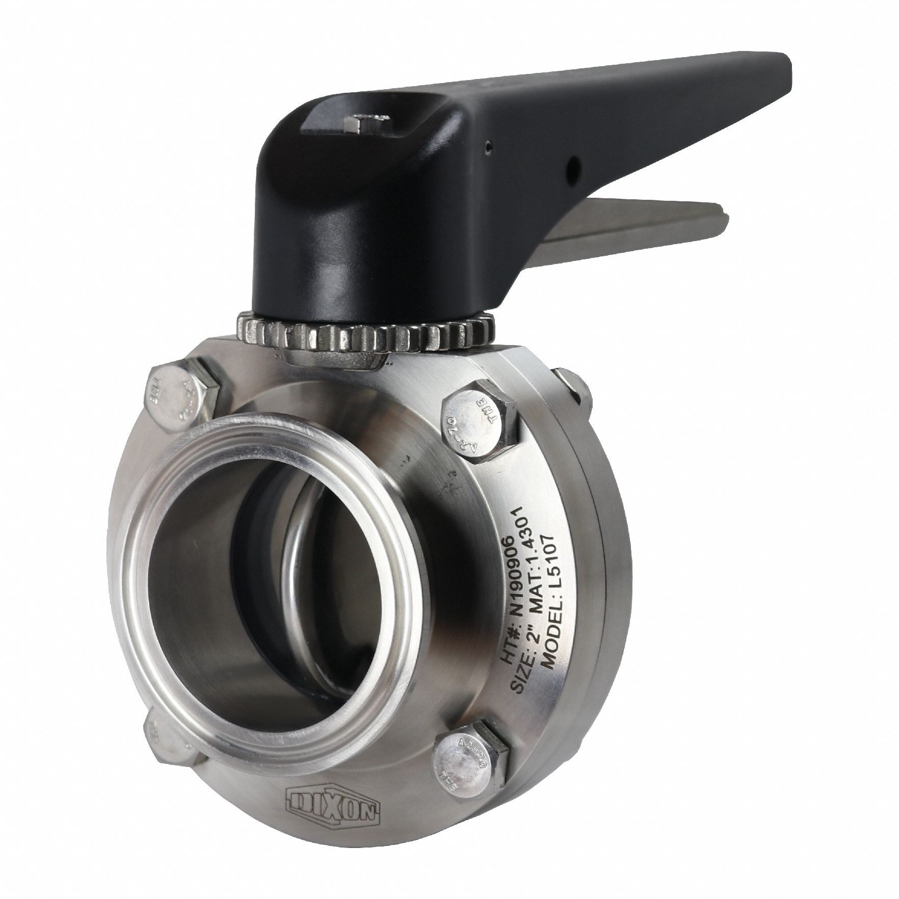 DIXON Butterfly Valve: 1 1/2 in Pipe Size, Clamp, 140 psi Max. Pressure (CWP), 304 Stainless Steel (MPN L5107V150CC-P). Key specifications — Average Surface Roughness (Ra): ≤ 32 micron; Brand: DIXON; Stop Positions: 24; Handle Type: Lever; Body Material: 304 SS; Disc Material: 304 SS.