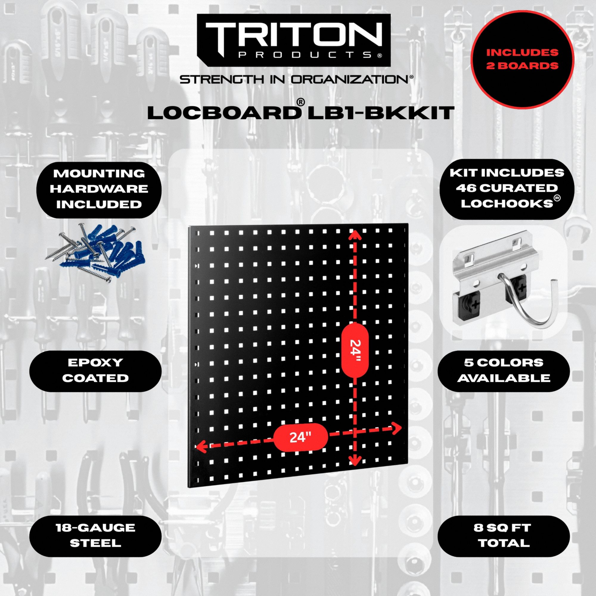 Stationary Pegboard Panels: Square, 3/8 in Peg Hole Size, 24 in x 24 in x 9/16 in