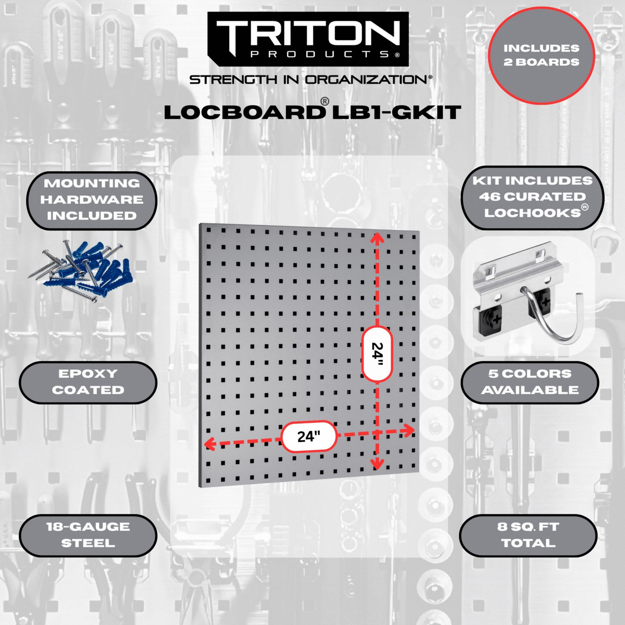 Stationary Pegboard Panels: Square, 3/8 in Peg Hole Size, 24 in x 24 in x 9/16 in