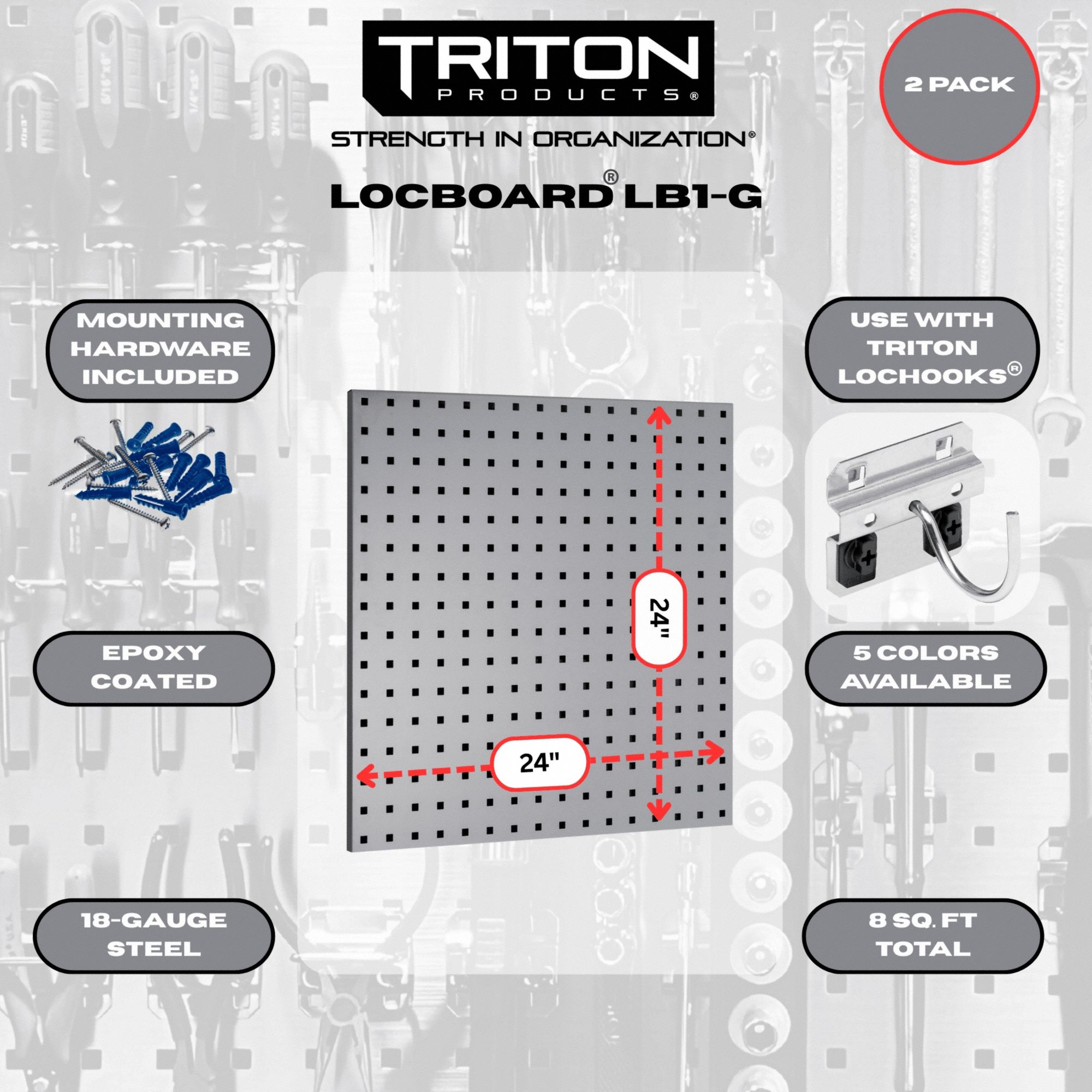 Stationary Pegboard Panels: Square, 3/8 in Peg Hole Size, 24 ft x 24 in x 9/16 in