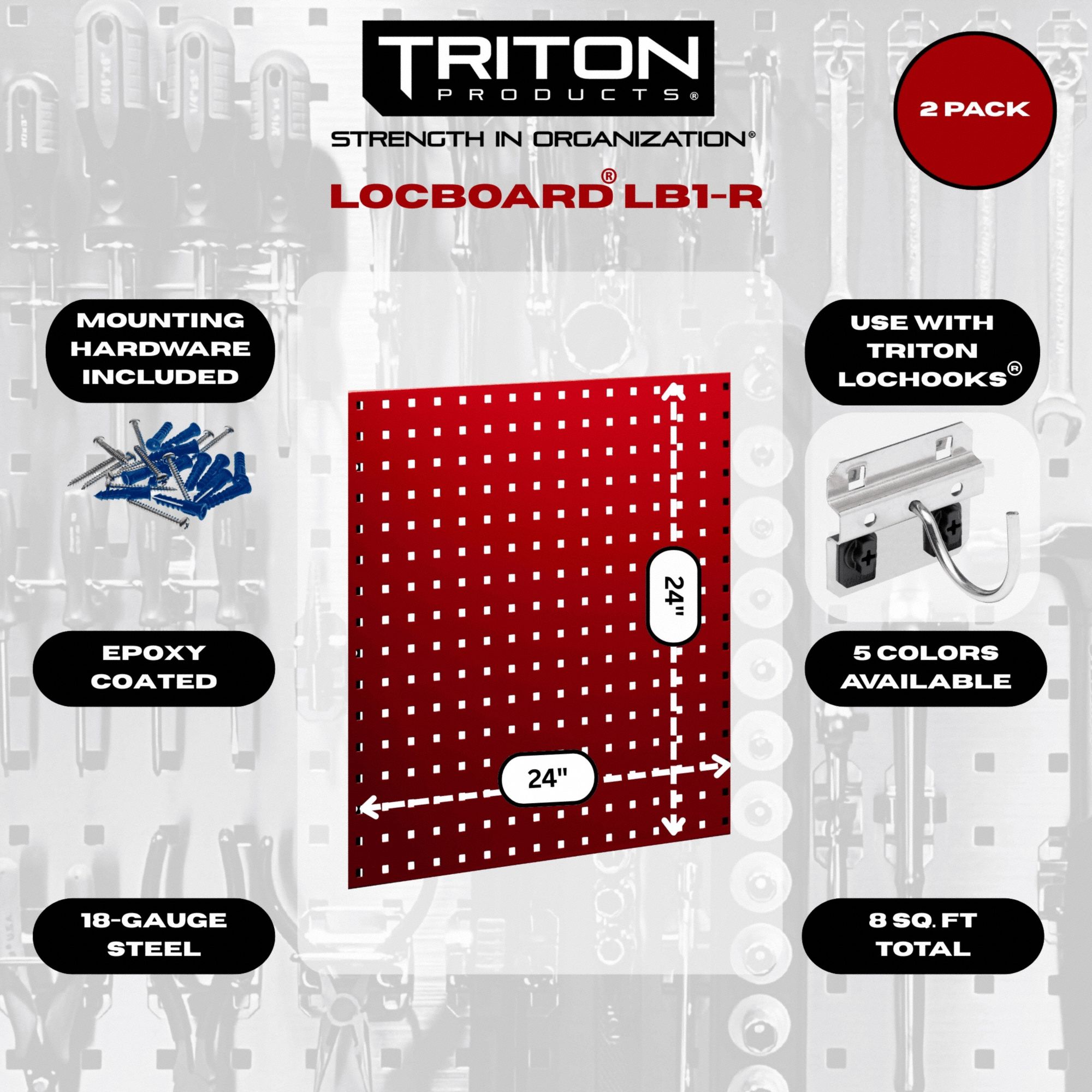 Stationary Pegboard Panels: Square, 3/8 in Peg Hole Size, 24 in x 24 in x 9/16 in