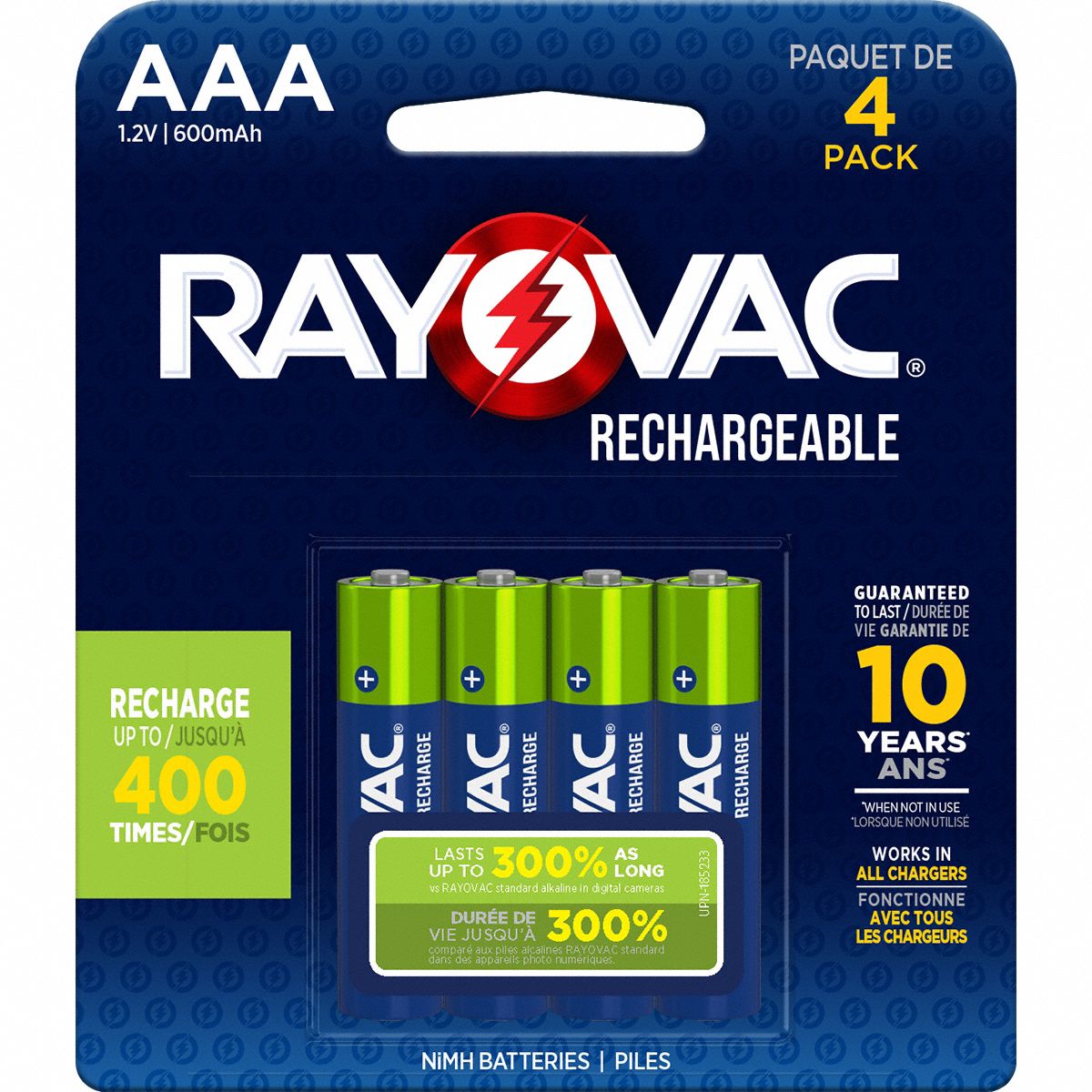 Rechargeable Battery: AAA Battery Size, Nickel-Metal Hydride, 1.2V DC, 4 PK