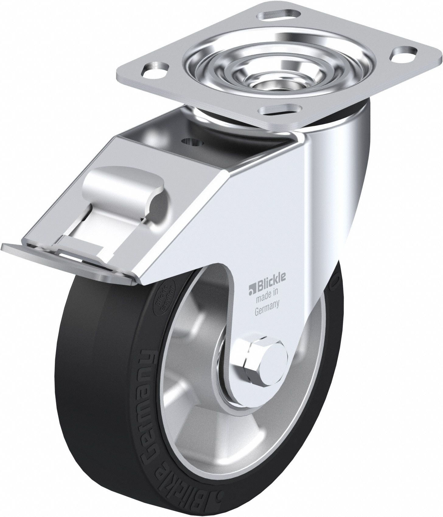 Plate Caster: Swivel, Total Lock, Rubber, 102 mm Wheel Dia, 51 mm Wheel Wd, Slot, Rectangle