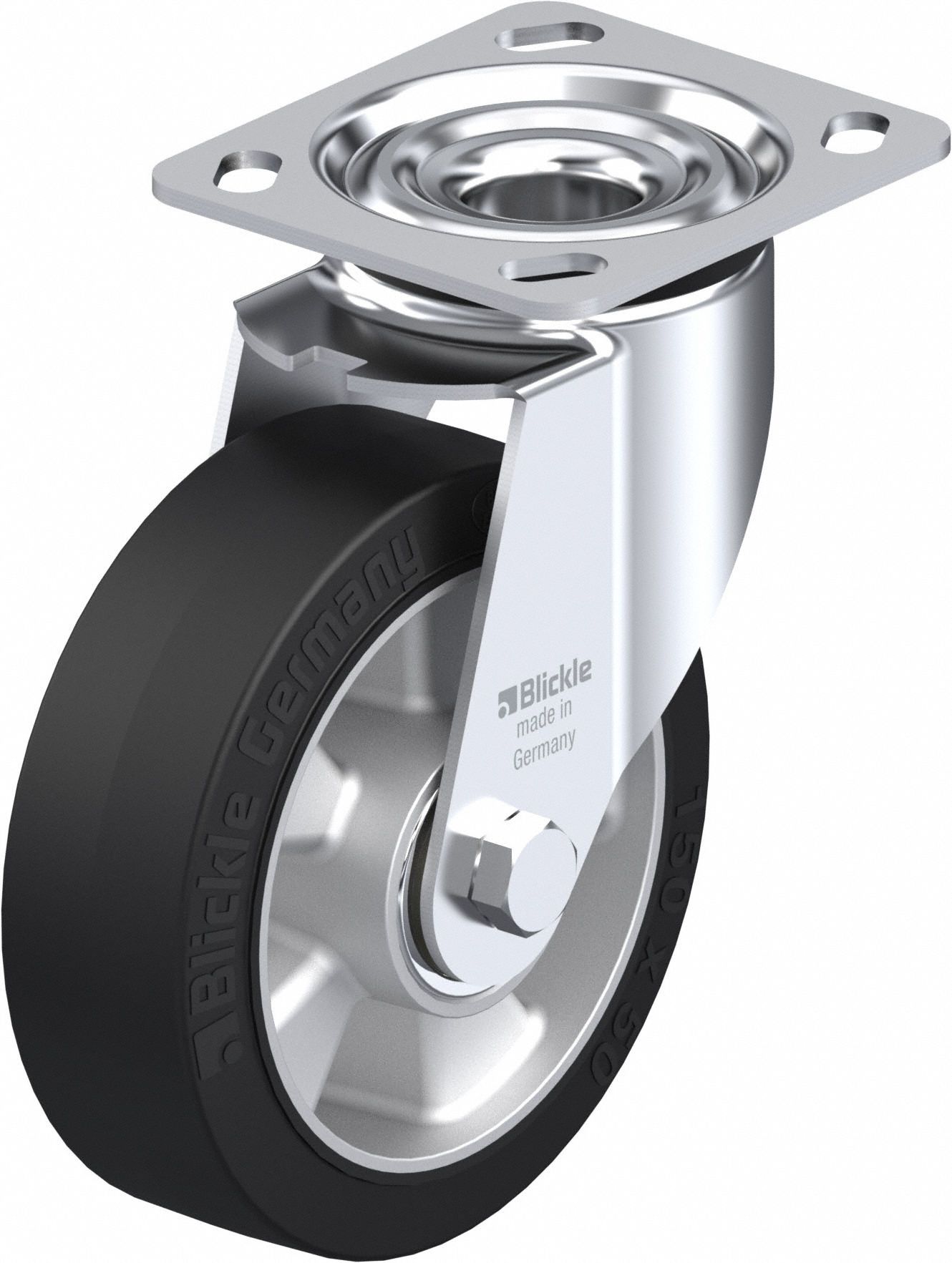 Plate Caster: Swivel, No Brake, Rubber, 203 mm Wheel Dia, 51 mm Wheel Wd, 191 mm Mounting Ht