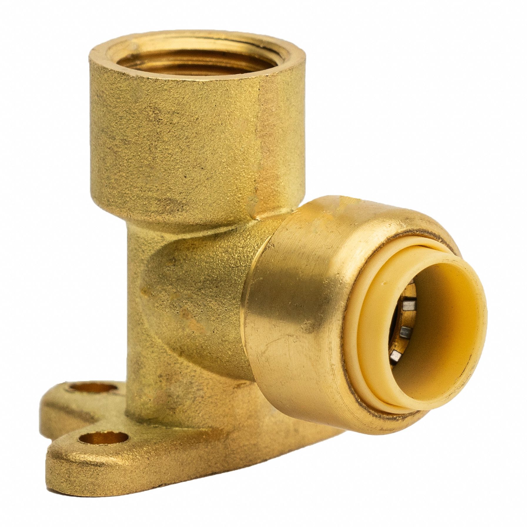 FNPT Elbow Drop Ear: 3/8 in OD x 3/8 in Pipe Size, Push-to-Connect x FNPT, Brass