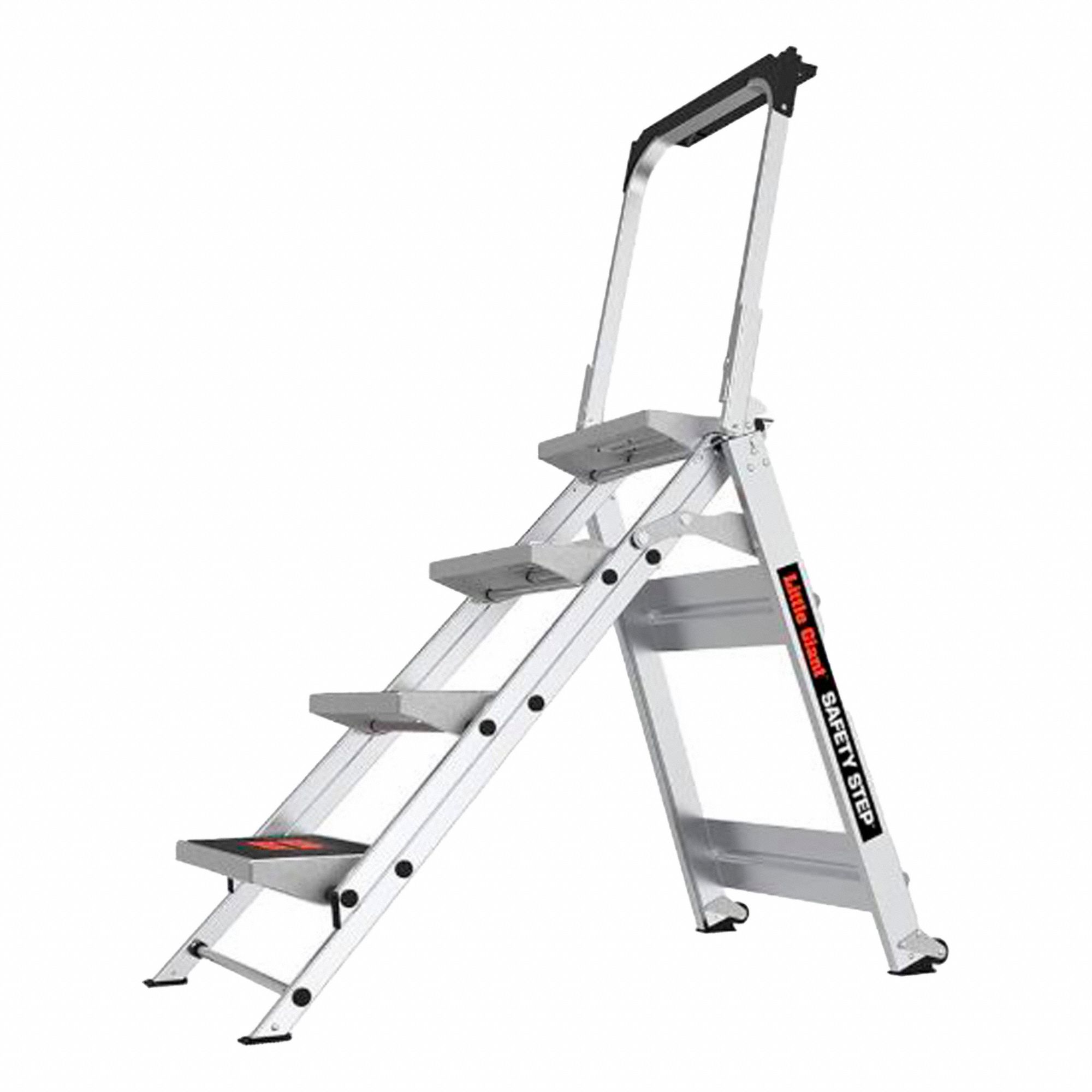 SAFETY STEP LADDER, 4 STEPS, TILT AND ROLL, 300 LB CAPACITY, SILVER, 22 IN W, 2 FT 11 IN H, ALUMINUM
