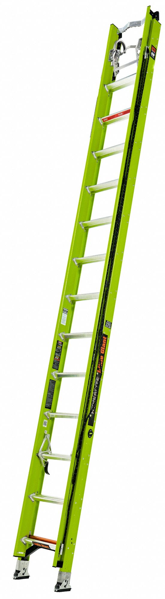 EXTENSION LADDER, SURE SET SWIVEL, V-BAR/D-RUNG/LEVELLERS, CAP 375 LB, 28 FT X 17 1/2 IN, FGL
