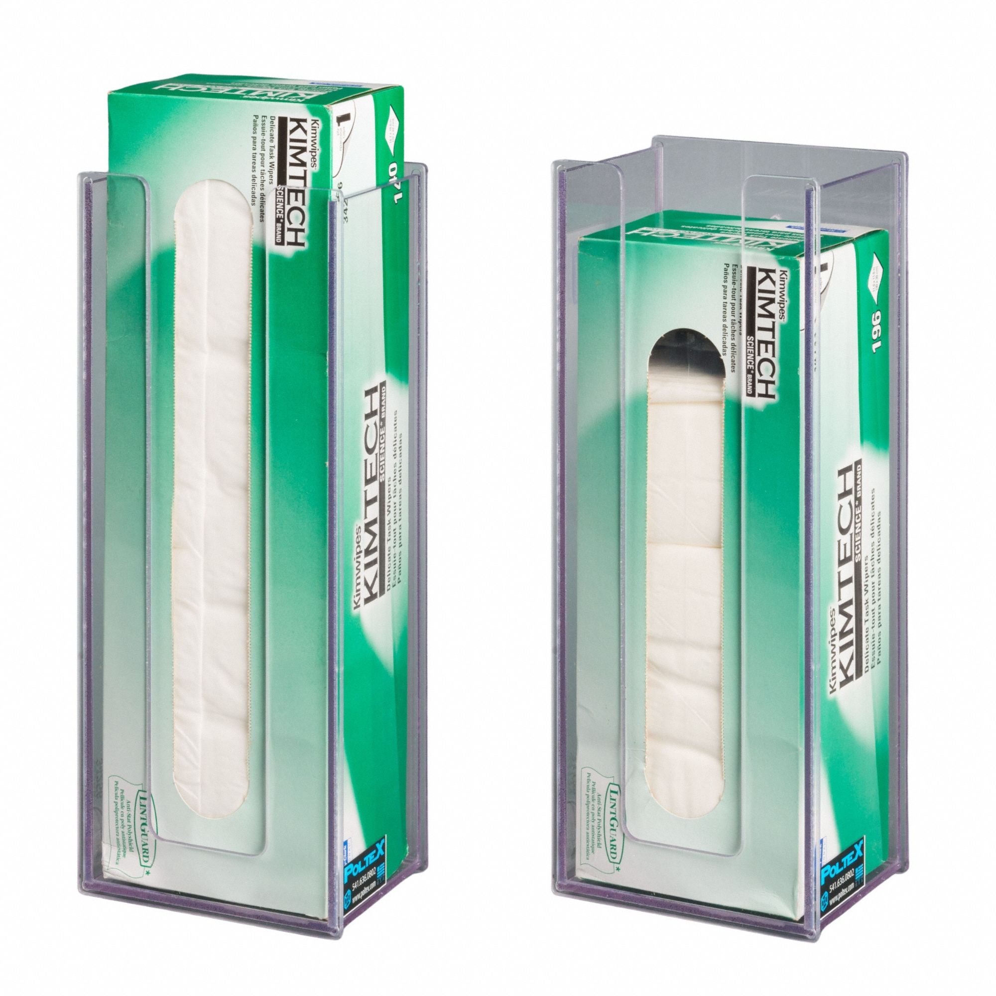 Lab Wipe Holder: 4 1/8 in Overall Wd, 13 7/8 in Overall Ht, 5 5/8 in Overall Lg, PETG, Clear, Wall (MPN LGLAB-M). Key specifications — Material: PETG; Mounting Location: Wall; Color: Clear; Product Type: Wipe Holder; Total Holding Capacity: Large Box of Kimwipes; Brand: POLTEX.