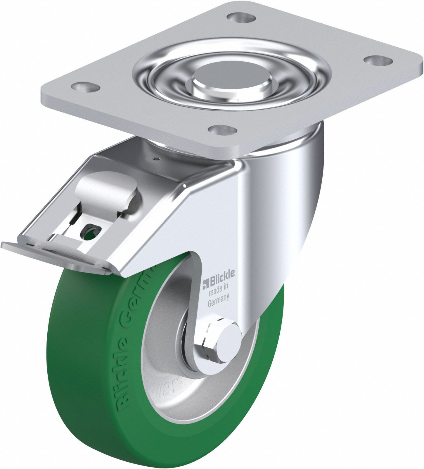 Plate Caster: Swivel, Total Lock, Polyurethane, 203 mm Wheel Dia, 40 mm Wheel Wd