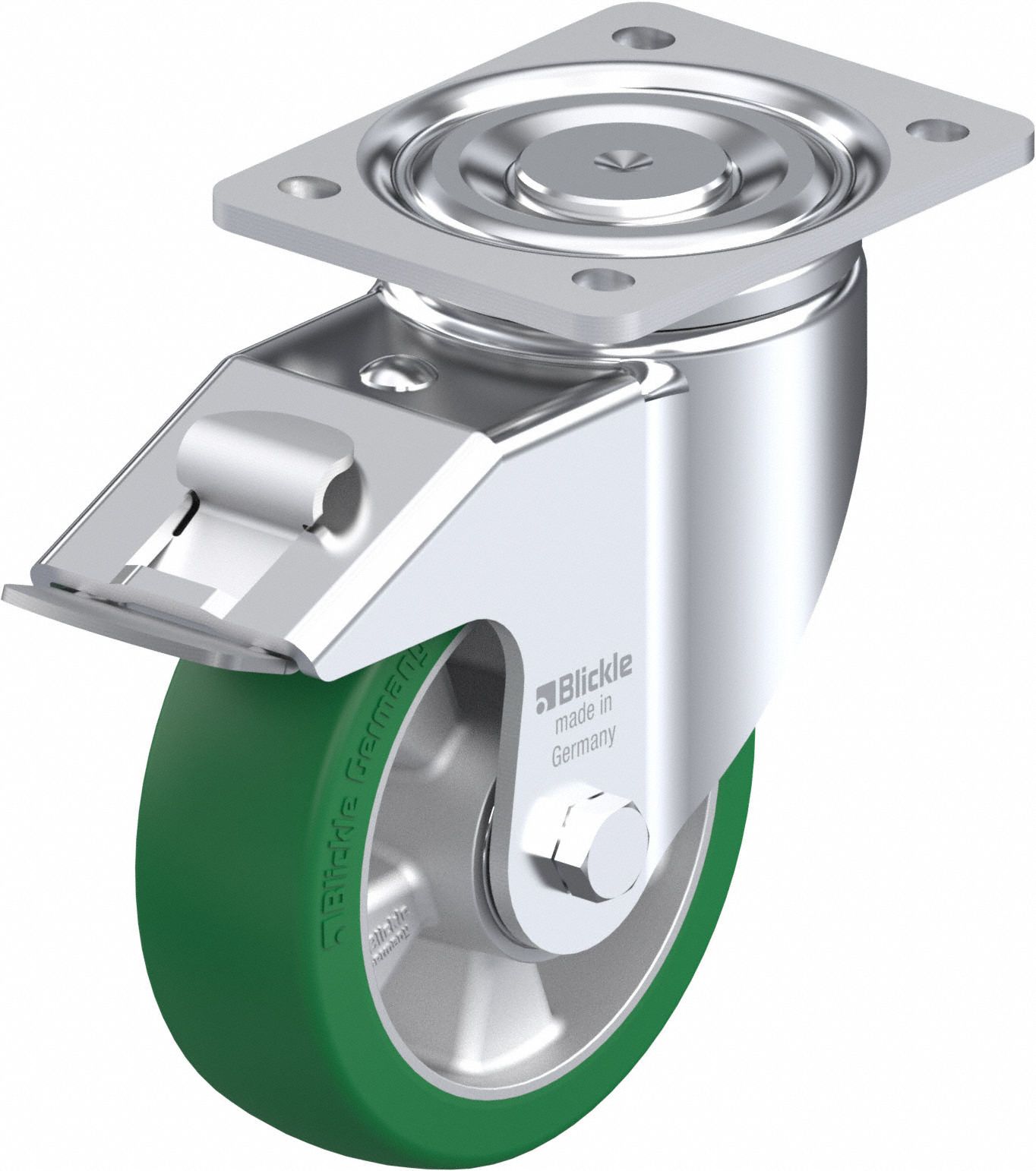Plate Caster: Swivel, Total Lock, Polyurethane, 102 mm Wheel Dia, 51 mm Wheel Wd