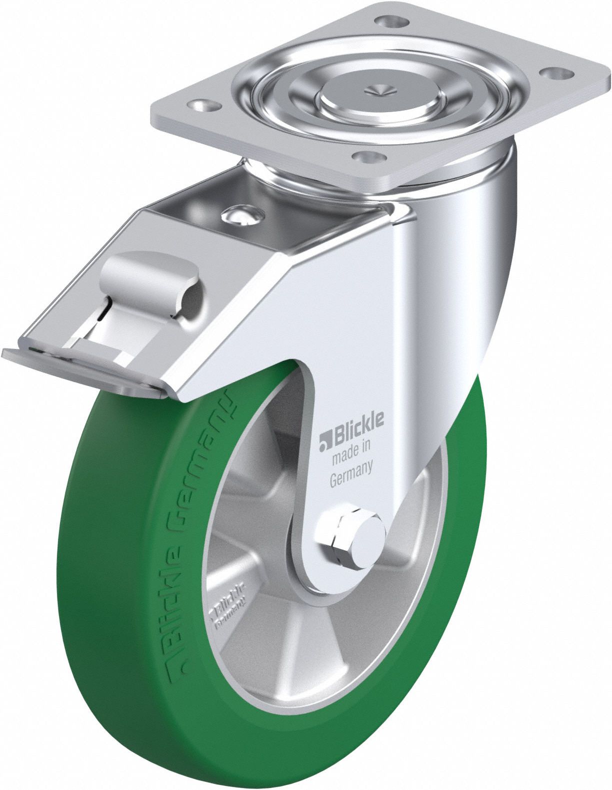 Plate Caster: Swivel, Total Lock, Polyurethane, 127 mm Wheel Dia, 51 mm Wheel Wd