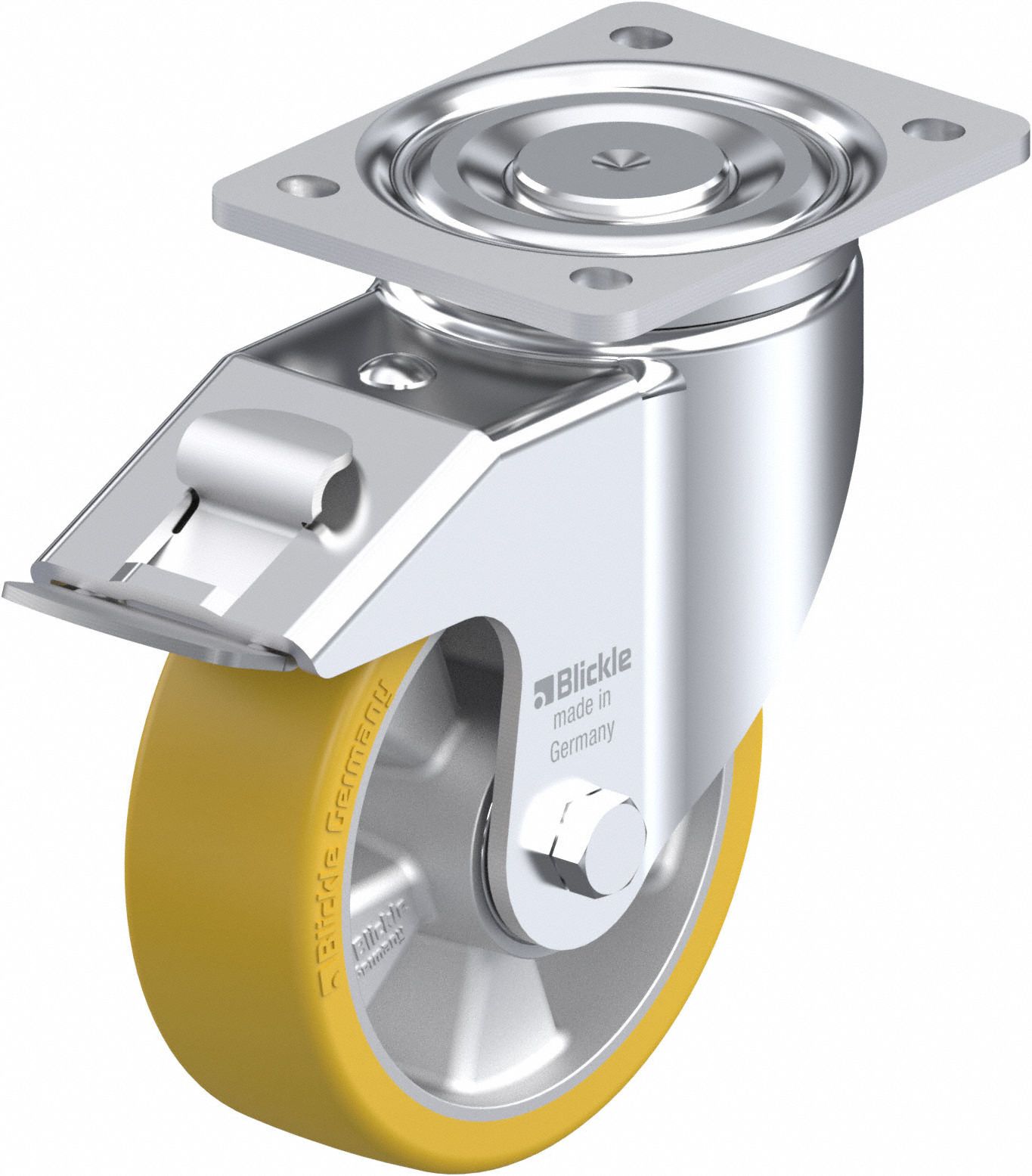 Plate Caster: Swivel, Total Lock, Polyurethane, 203 mm Wheel Dia, 51 mm Wheel Wd