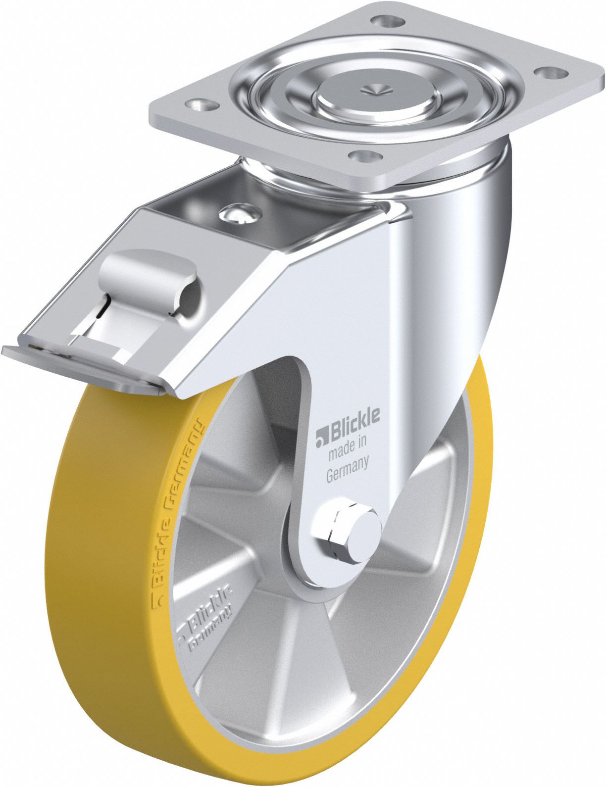 Plate Caster: Swivel, Total Lock, Polyurethane, 127 mm Wheel Dia, 51 mm Wheel Wd