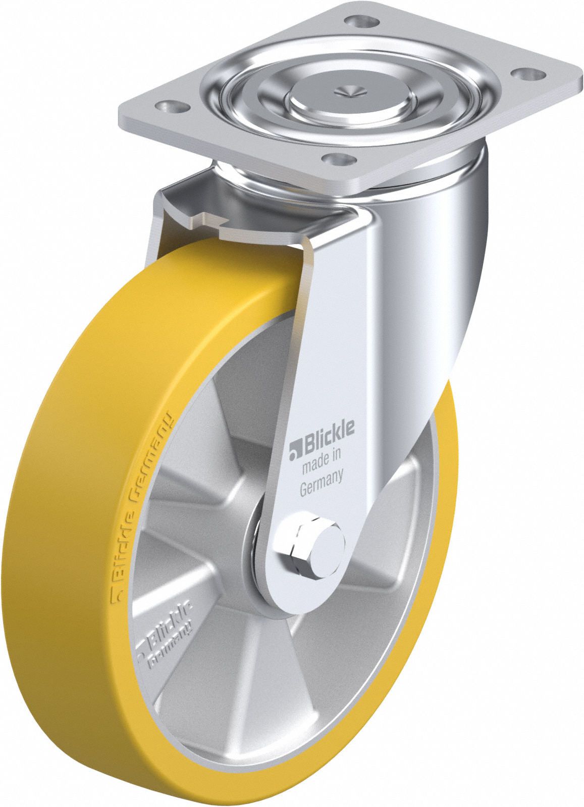 Plate Caster: Swivel, No Brake, Polyurethane, 102 mm Wheel Dia, 51 mm Wheel Wd, Slot