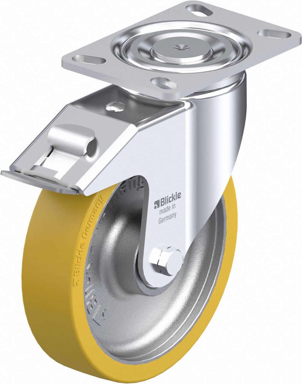Plate Caster: Swivel, Total Lock, Polyurethane, 203 mm Wheel Dia, 51 mm Wheel Wd