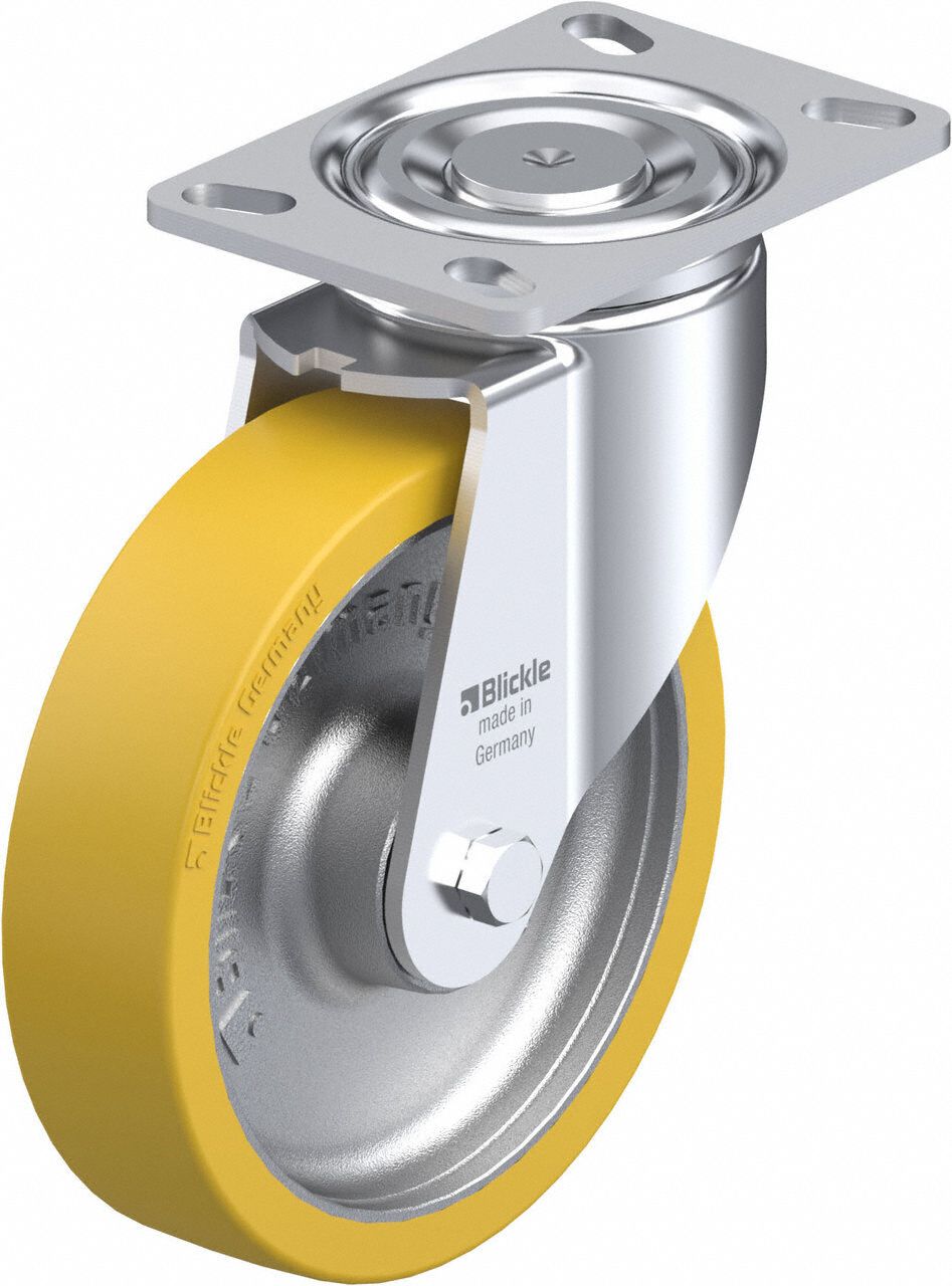 Plate Caster: Swivel, No Brake, Polyurethane, 203 mm Wheel Dia, 51 mm Wheel Wd, Slot