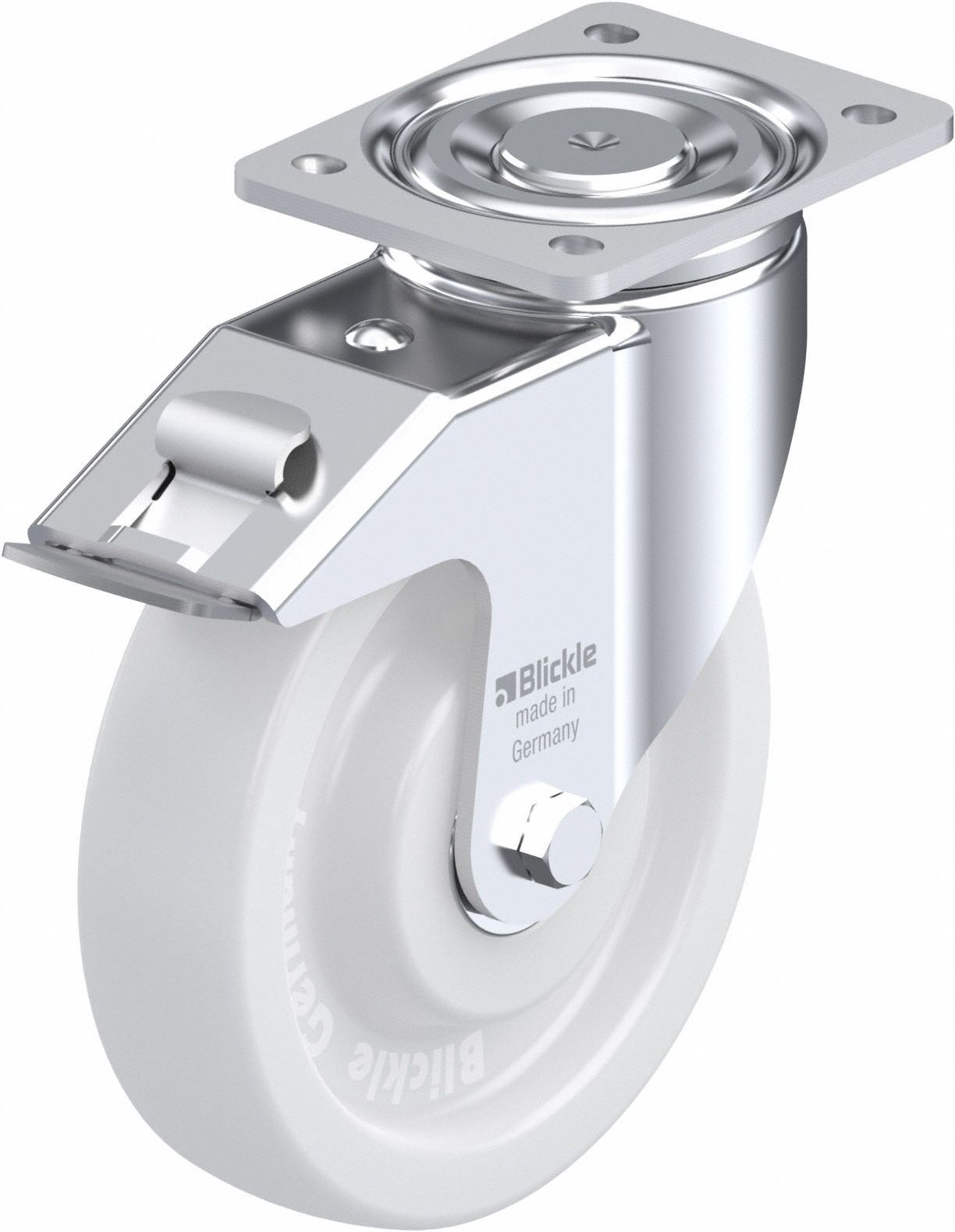 Plate Caster: Swivel, Total Lock, 102 mm Wheel Dia, 51 mm Wheel Wd, Slot, Rectangle