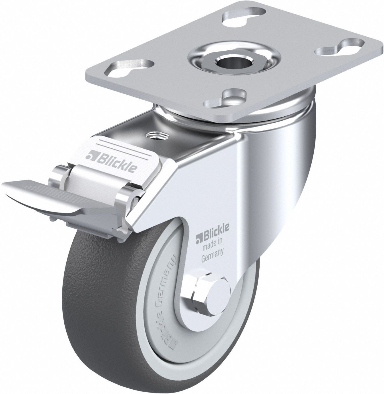 Plate Caster: Swivel, Total Lock, Polyurethane, 79 mm Wheel Dia, 32 mm Wheel Wd