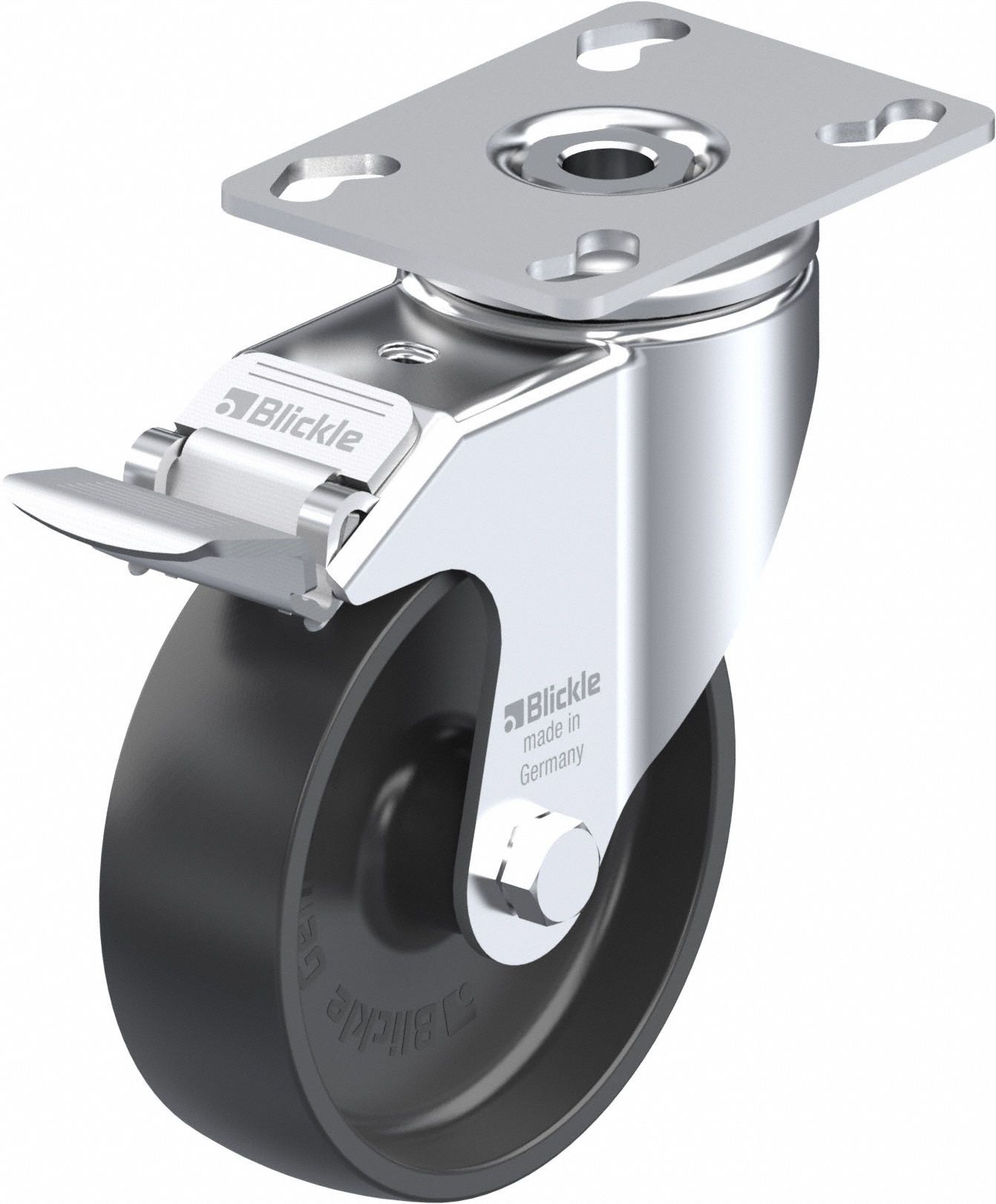 Plate Caster: Swivel, Total Lock, 102 mm Wheel Dia, 32 mm Wheel Wd, Slot, Rectangle
