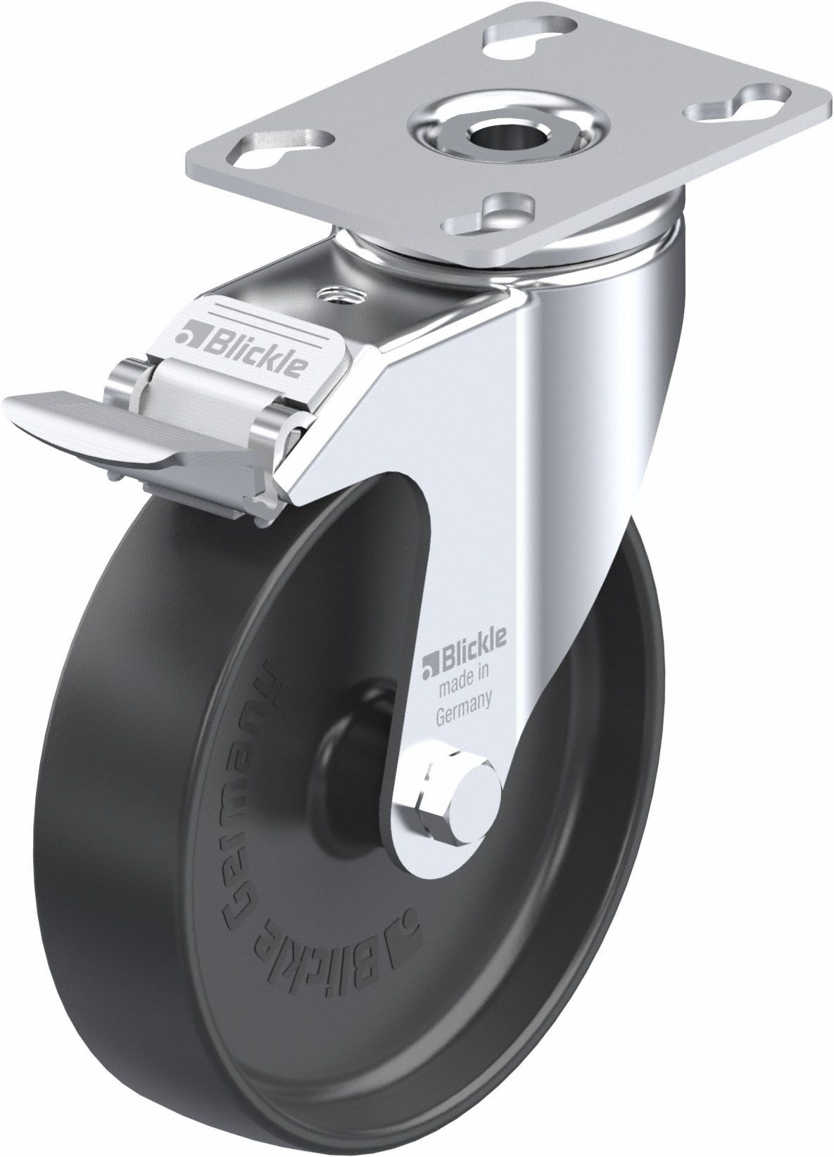 Plate Caster: Swivel, Total Lock, 127 mm Wheel Dia, 32 mm Wheel Wd, Slot, Rectangle