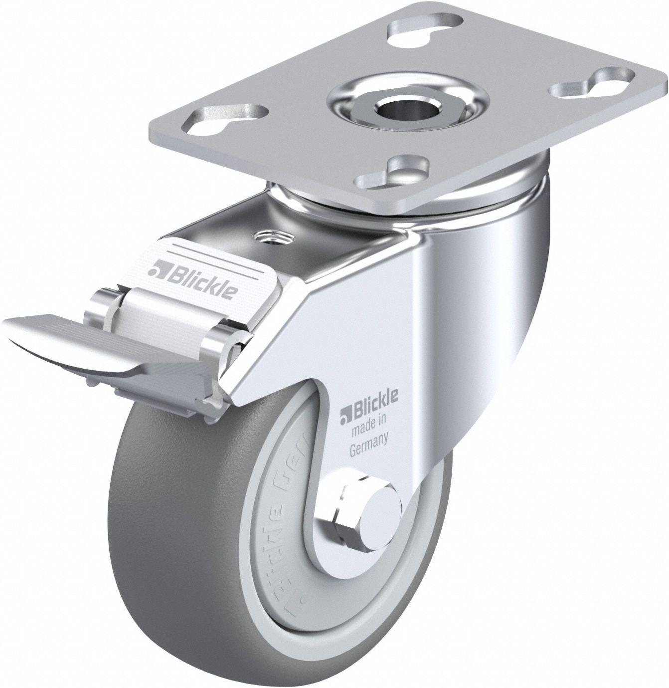Plate Caster: Swivel, Total Lock, Rubber, 79 mm Wheel Dia, 32 mm Wheel Wd, Slot