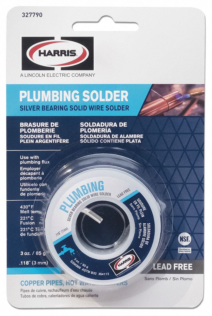 SOLID WIRE PLUMBING SOLDER, LEAD-FREE, MELT 430 ° F, 0.118 IN DIA, TIN/COPPER/SILVER, 3 OZ