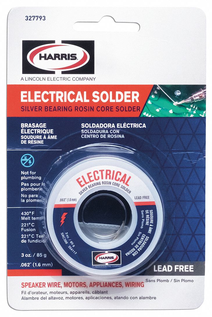 SOLID WIRE SOLDER, FOR ELECTRICAL, LEAD FREE, MELT TEMP 430 ° F, 0.620 IN DIA, SILVER, 3 OZ