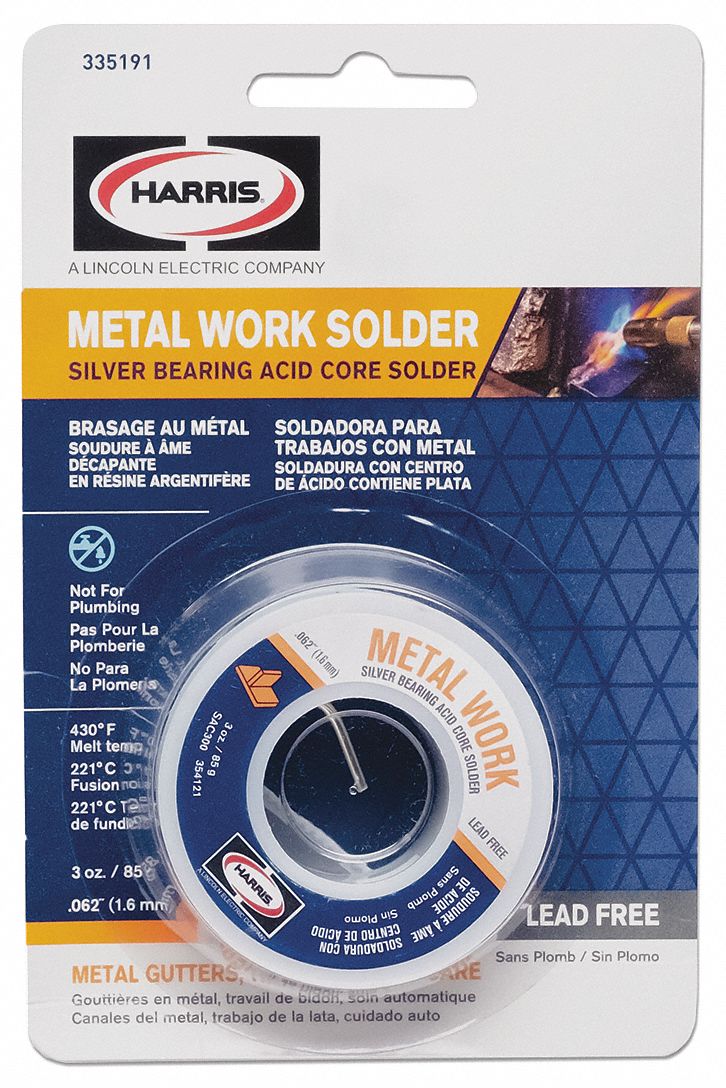 SOLID WIRE SOLDER, FOR METALWORK, LEAD FREE, MELT TEMP 430 ° F, 0.620 IN DIA, SILVER, 3 OZ