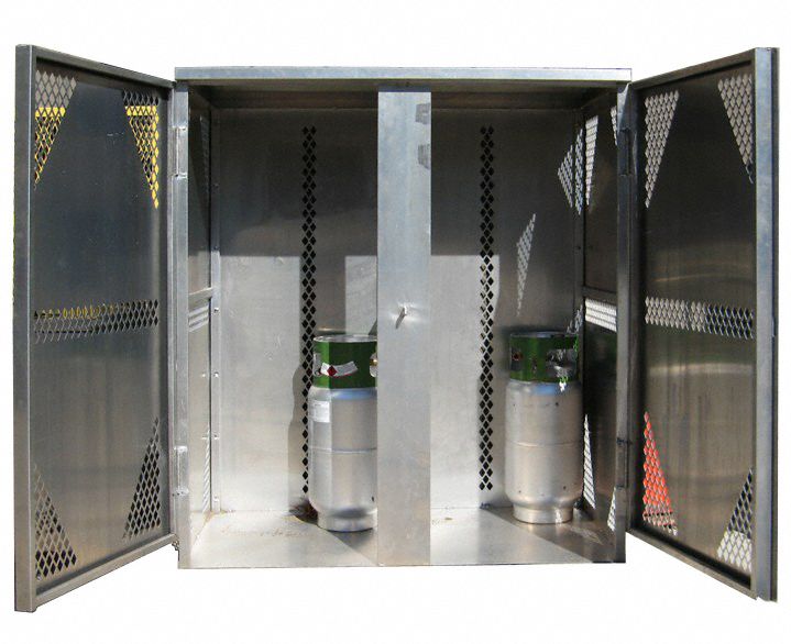 Cylinder Storage Cabinet: 16 Vertical Cylinders, 60 in x 32 in x 65 in, Aluminum, Gray, Manual Close