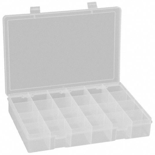 DURHAM MFG Compartment Box: 13 1/8 in x 2 3/8 in, Clear, 24 Compartments,  Snap, 8 Fixed Dividers