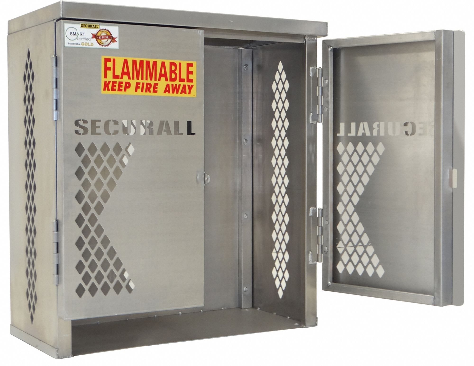 Cylinder Storage Cabinet: 2 Vertical Cylinders, Aluminum, Gray, Manual Close, Hasp Lock, 0 Shelves