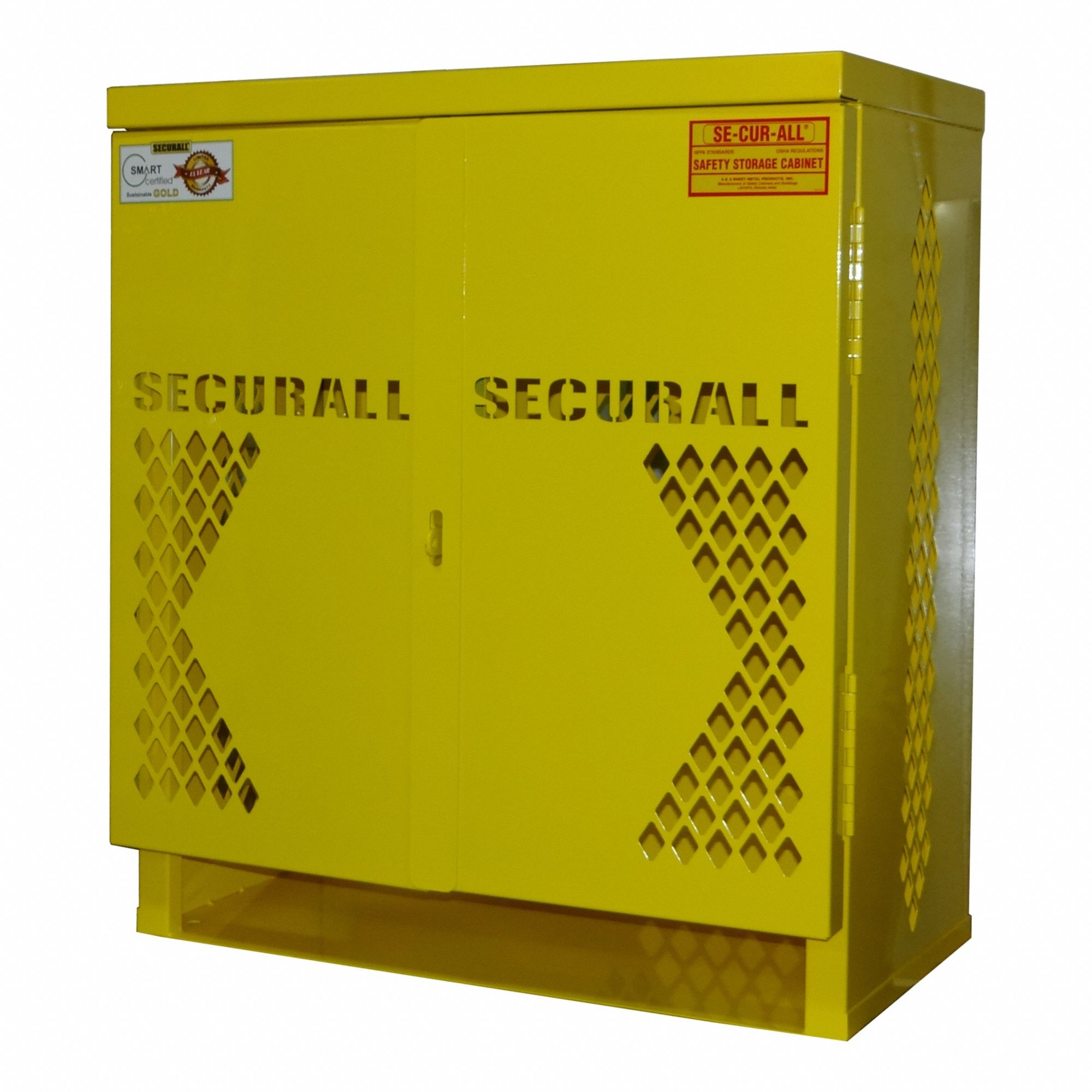 Cylinder Storage Cabinet: 10 Vertical Cylinders, 30 in x 32 in x 65 in, Steel, Yellow, Manual Close