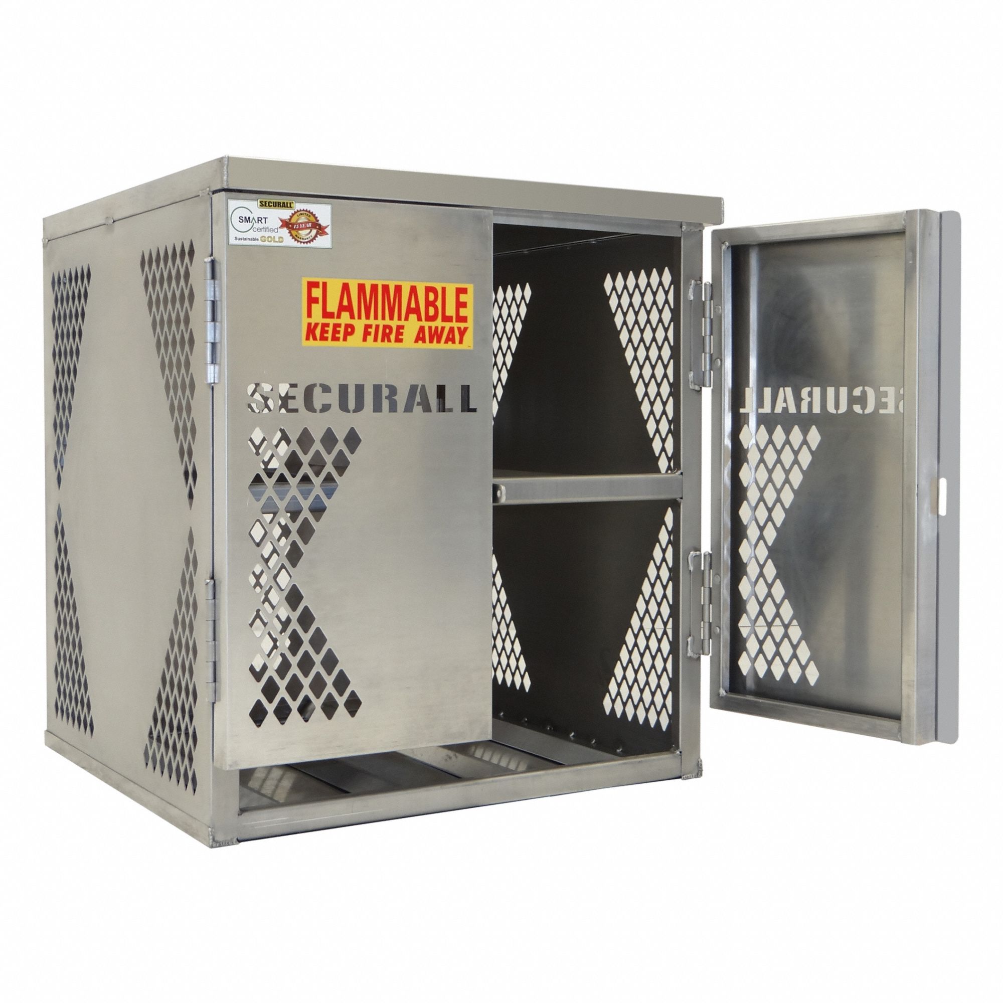 Cylinder Storage Cabinet: 4 Horizontal Cylinders, 30 in x 32 in x 33 in, Aluminum, Gray, Hasp Lock