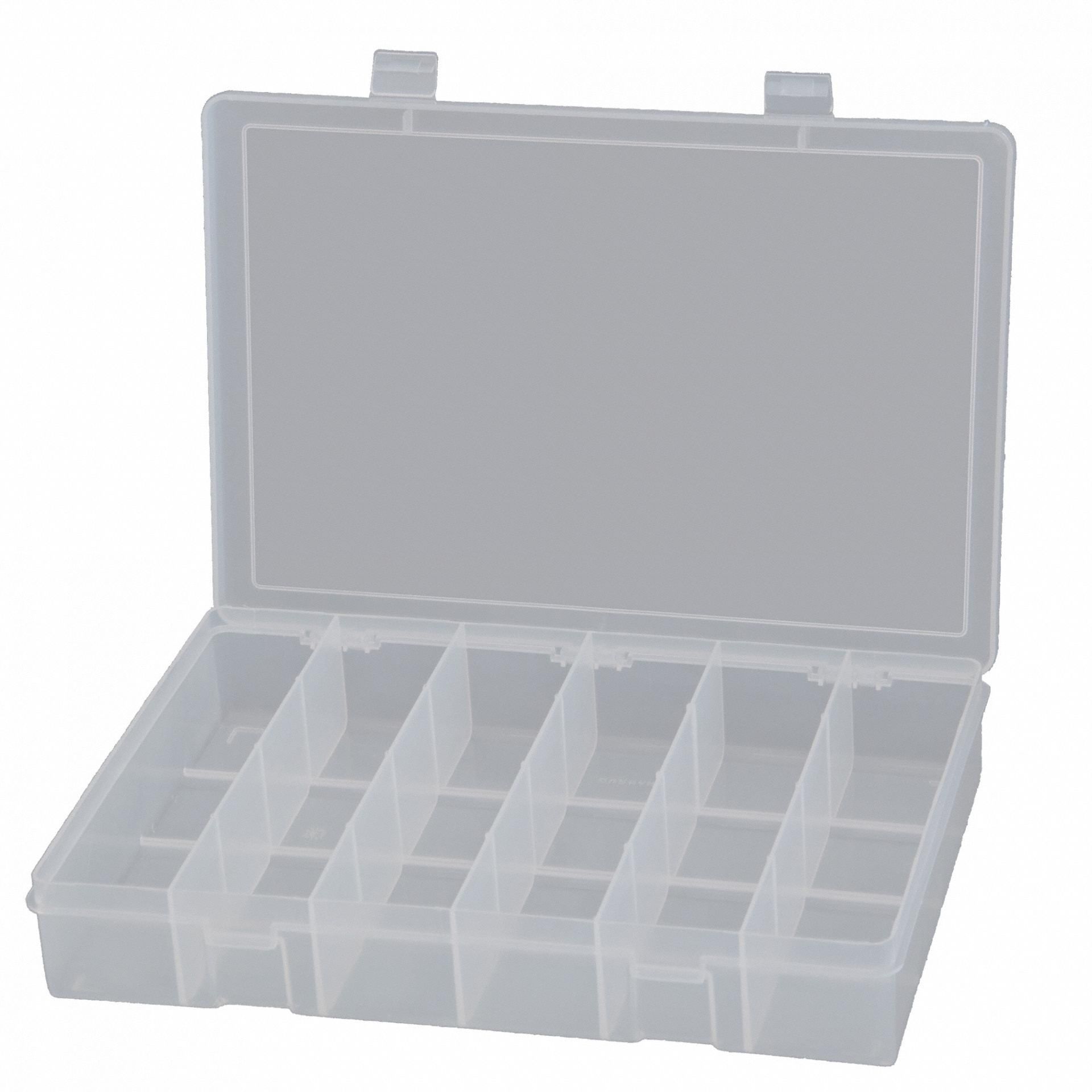 DURHAM MFG Compartment Box: 9 in x 13 1/8 in x 2 3/8 in, Clear, 6 Compartments, Snap (MPN LP6-CLEAR). Key specifications — ESD Conductive: Not Electrostatic Discharge Conductive; Color: Clear; Compartment WxD: (6) 2-1/16 in x 8-1/2 in; Brand: DURHAM MFG; Material: Plastic.