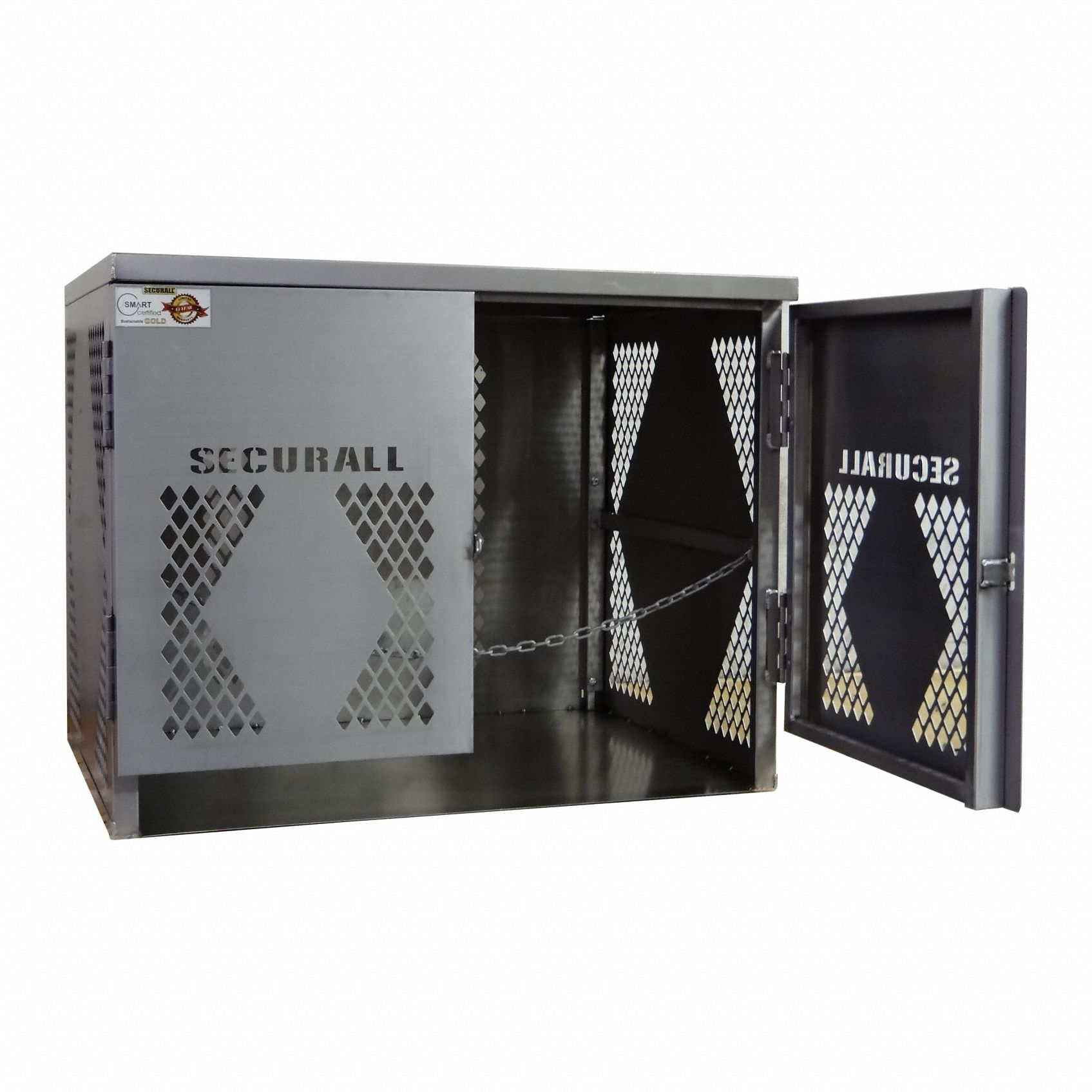 Cylinder Storage Cabinet: 6 Vertical Cylinders, 43 in x 32 in x 33 in, Aluminum, Gray, Manual Close