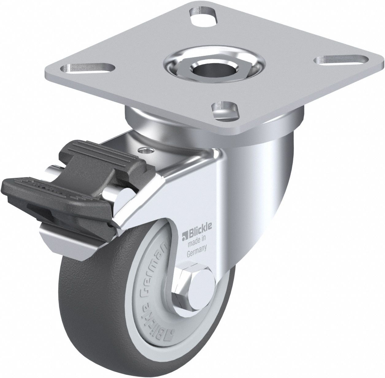 Plate Caster: Swivel, Total Lock, Polyurethane, 51 mm Wheel Dia, 19 mm Wheel Wd