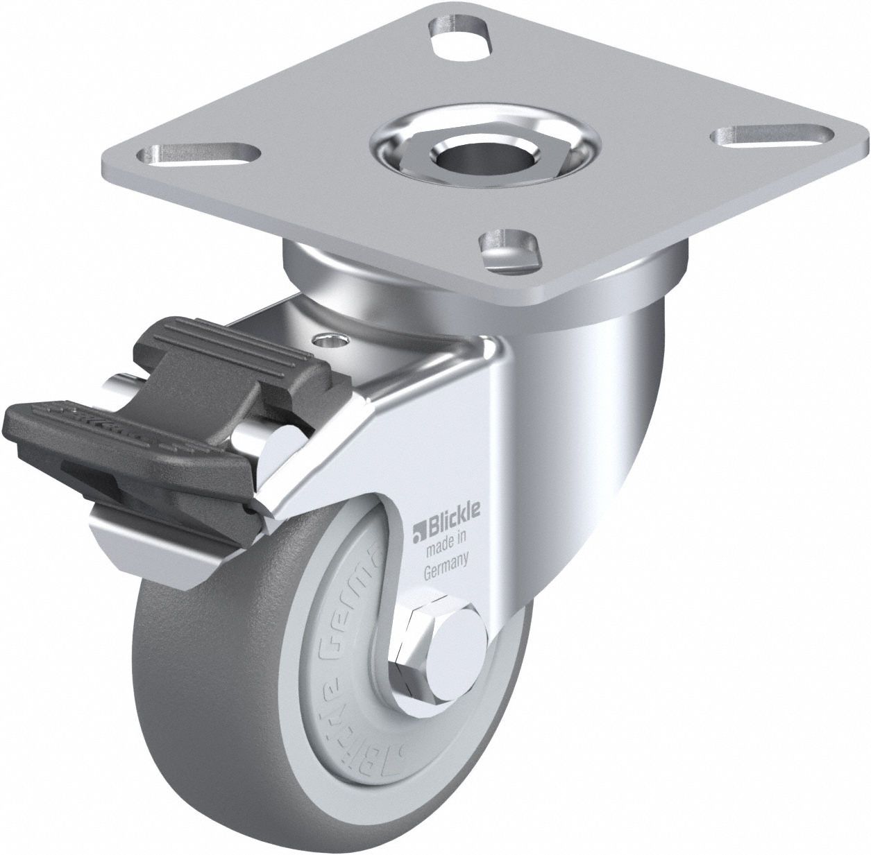 Plate Caster: Swivel, Total Lock, Rubber, 51 mm Wheel Dia, 19 mm Wheel Wd, Slot
