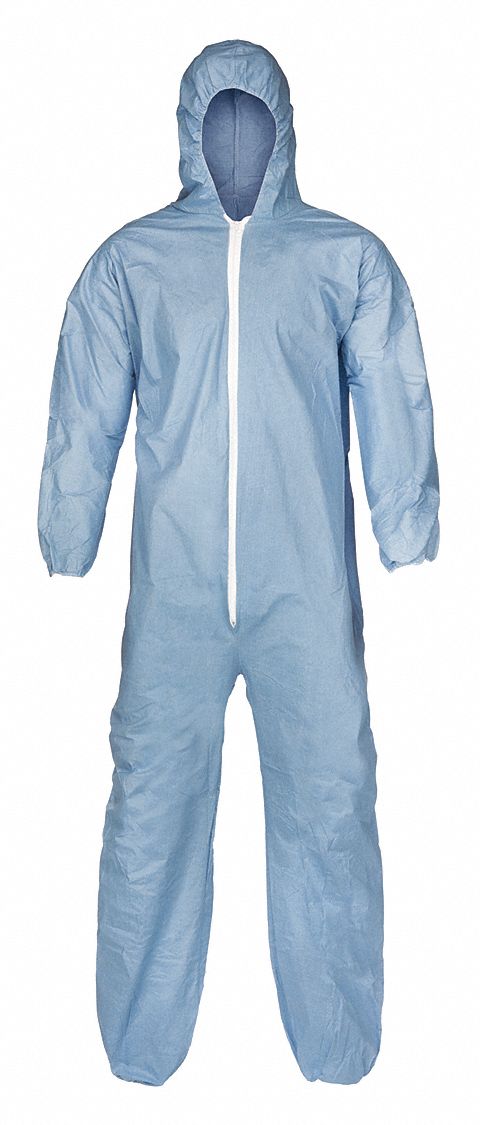 COVERALLS, L, BLUE, 2.4 OZ FABRIC WEIGHT, FLAME RESISTANT, ZIPPER, HOODED