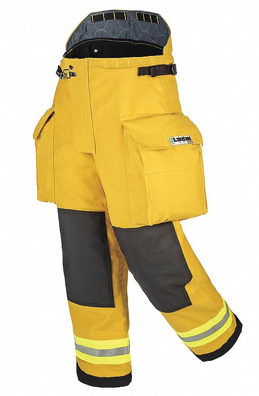 TURNOUT PANTS, YELLOW, 48 X 30 IN, 3 IN REFLECTIVE TRIM, ARAMID, HOOK AND LOOP/SNAP