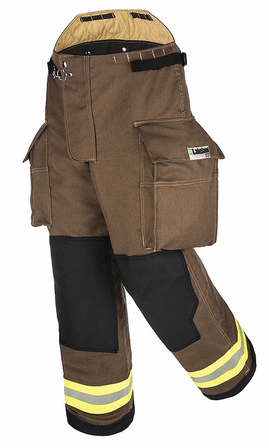 TURNOUT PANTS, KHAKI, 36 X 30 IN, 3 IN REFLECTIVE TRIM, ARAMID, HOOK AND LOOP/SNAP