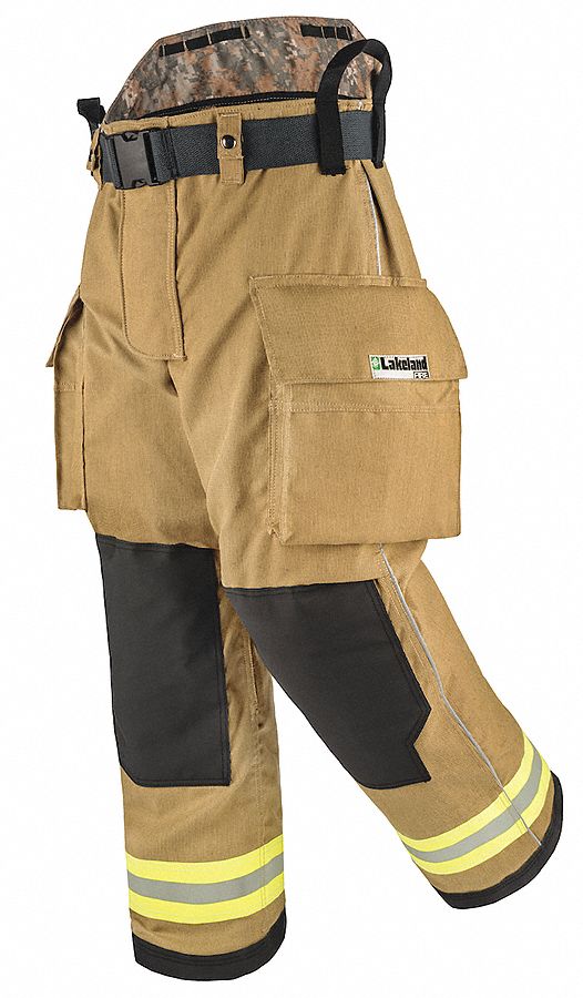 TURNOUT PANTS, GOLD, 44 X 30 IN, 3 IN REFLECTIVE TRIM, ARAMID, HOOK AND LOOP/SNAP