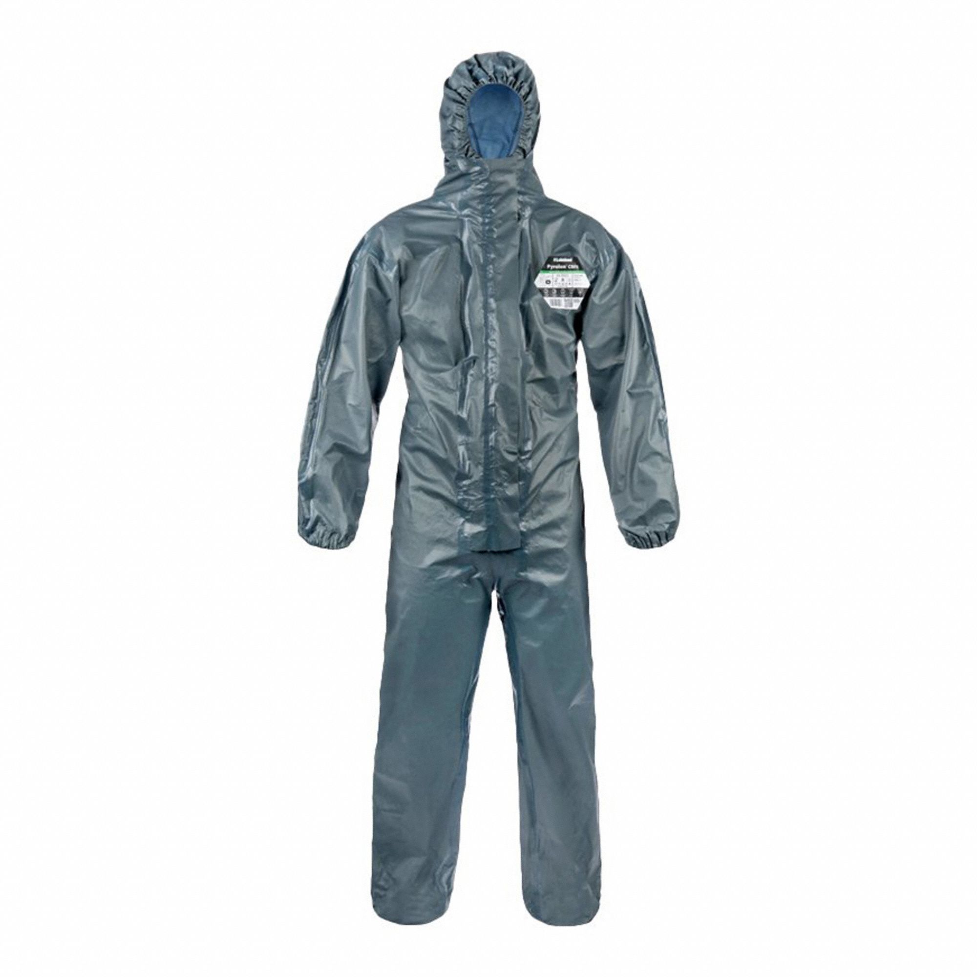 COVERALLS, LARGE, GREY, ZIPPER CLOSURE, FLAME RESISTANT, PVC
