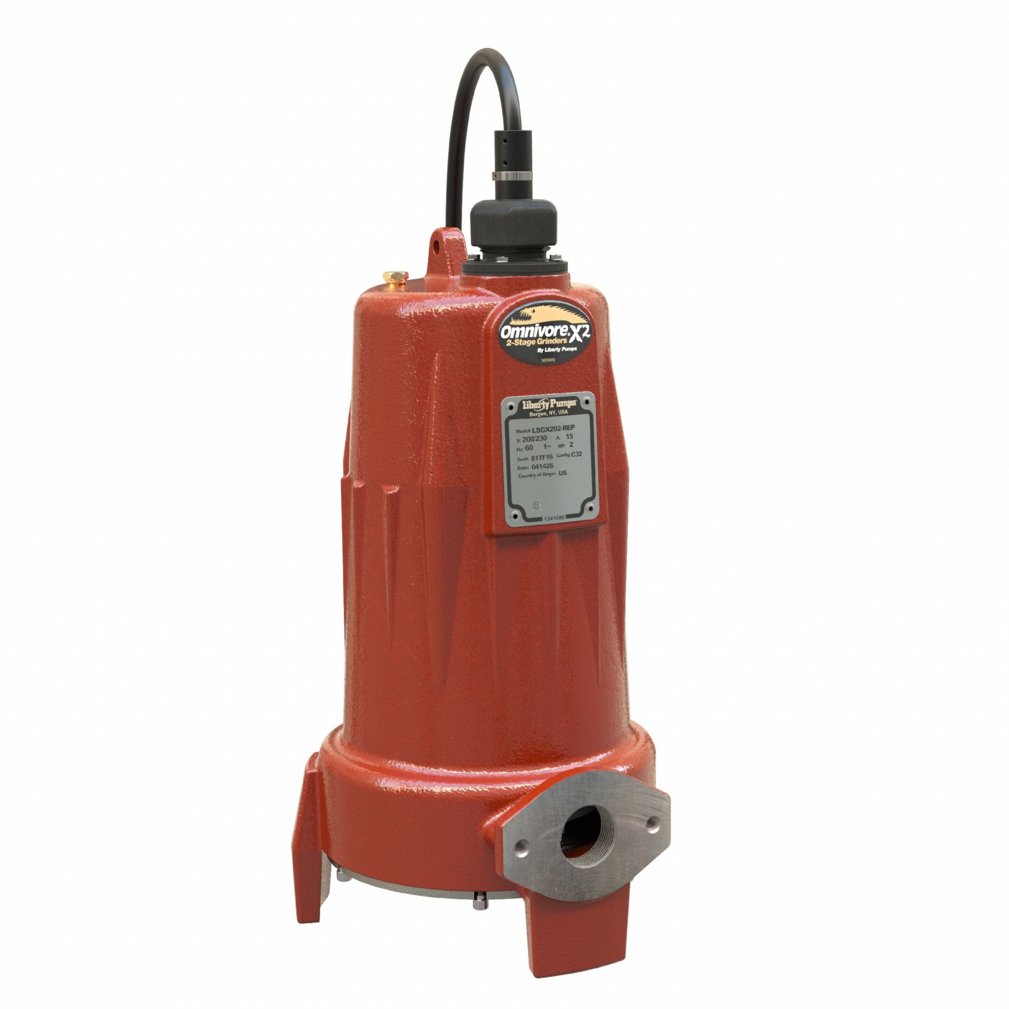 LIBERTY PUMPS Omnivore Grinder Pump: 2 hp, 208/230V AC, 39 gpm @ 10' of Head, 185 ft Max. Head, LSGX (MPN LSGX202-REP-2). Key specifications — Rated Voltage: 208/230V AC; Brand: LIBERTY PUMPS; Alarm: Not Included; Switch: Not Included.