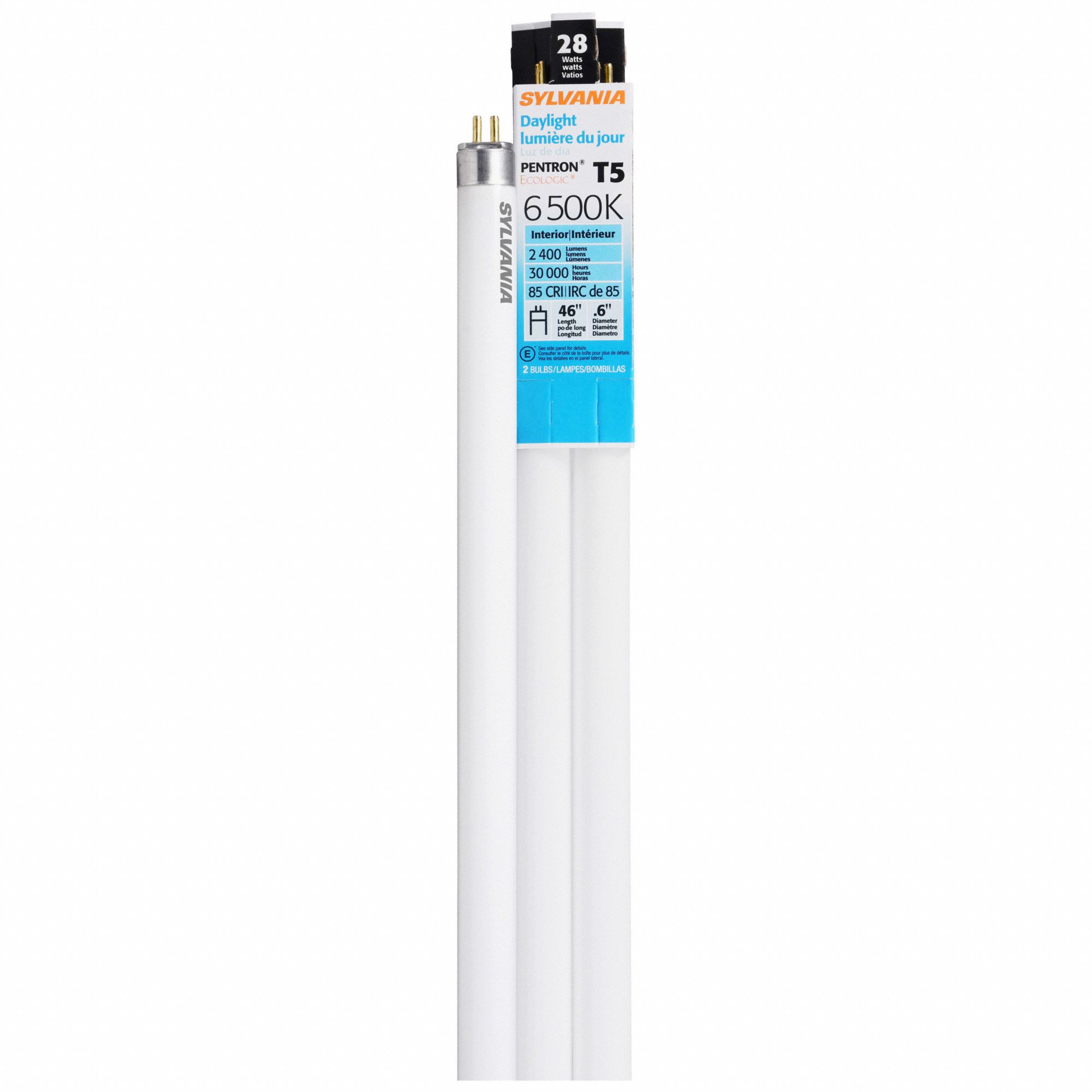 FLUORESCENT BULB, 2,550 LM, 28W, 230V, 6,500K COLOUR TEMP, DAYLIGHT, 45.8 IN L, MINI BI-PIN, T5